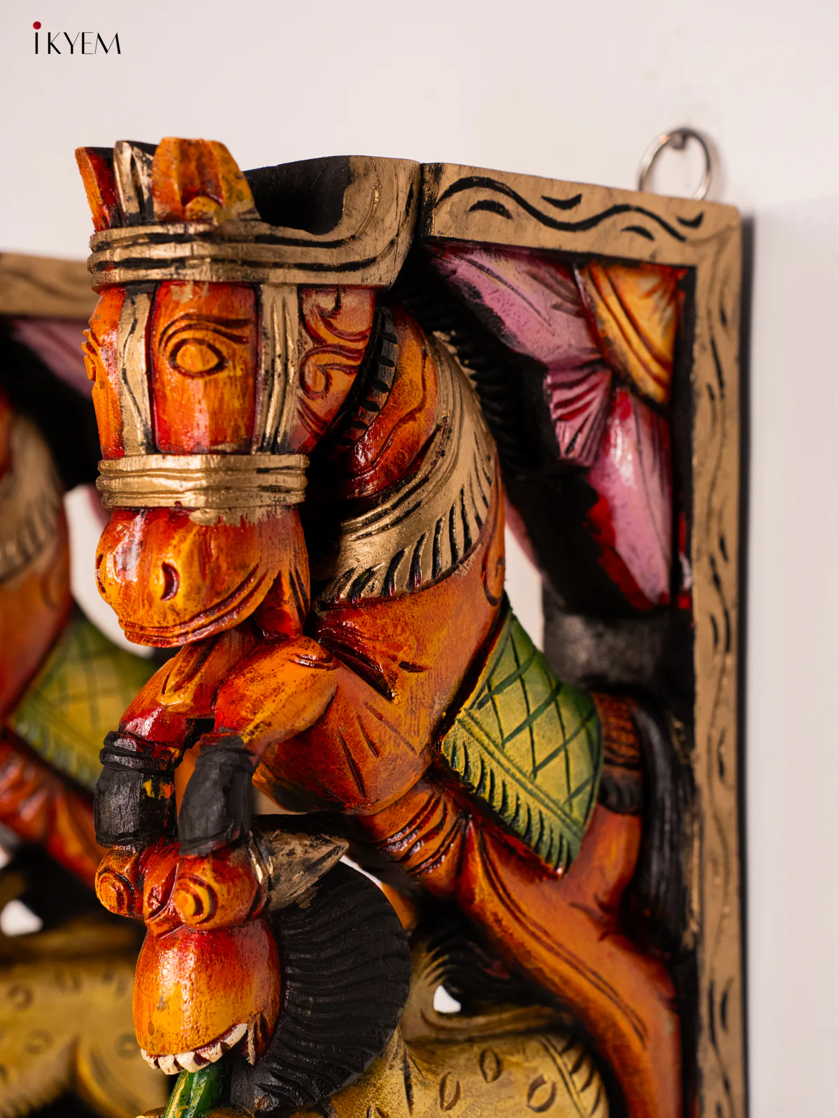 Wooden Hand Painted Carved Wall Bracket set Yali with Horse - 18 Inches - KH14182 - Image 3