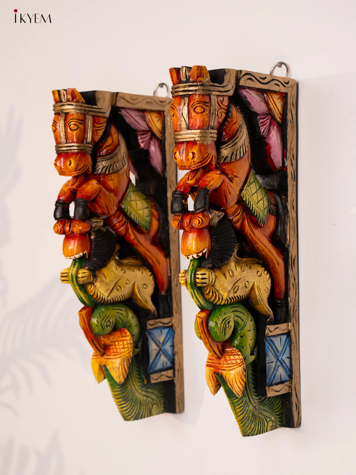 Wooden Hand Painted Carved Wall Bracket set Yali with Horse - 18 Inches - KH14182 - Image 4