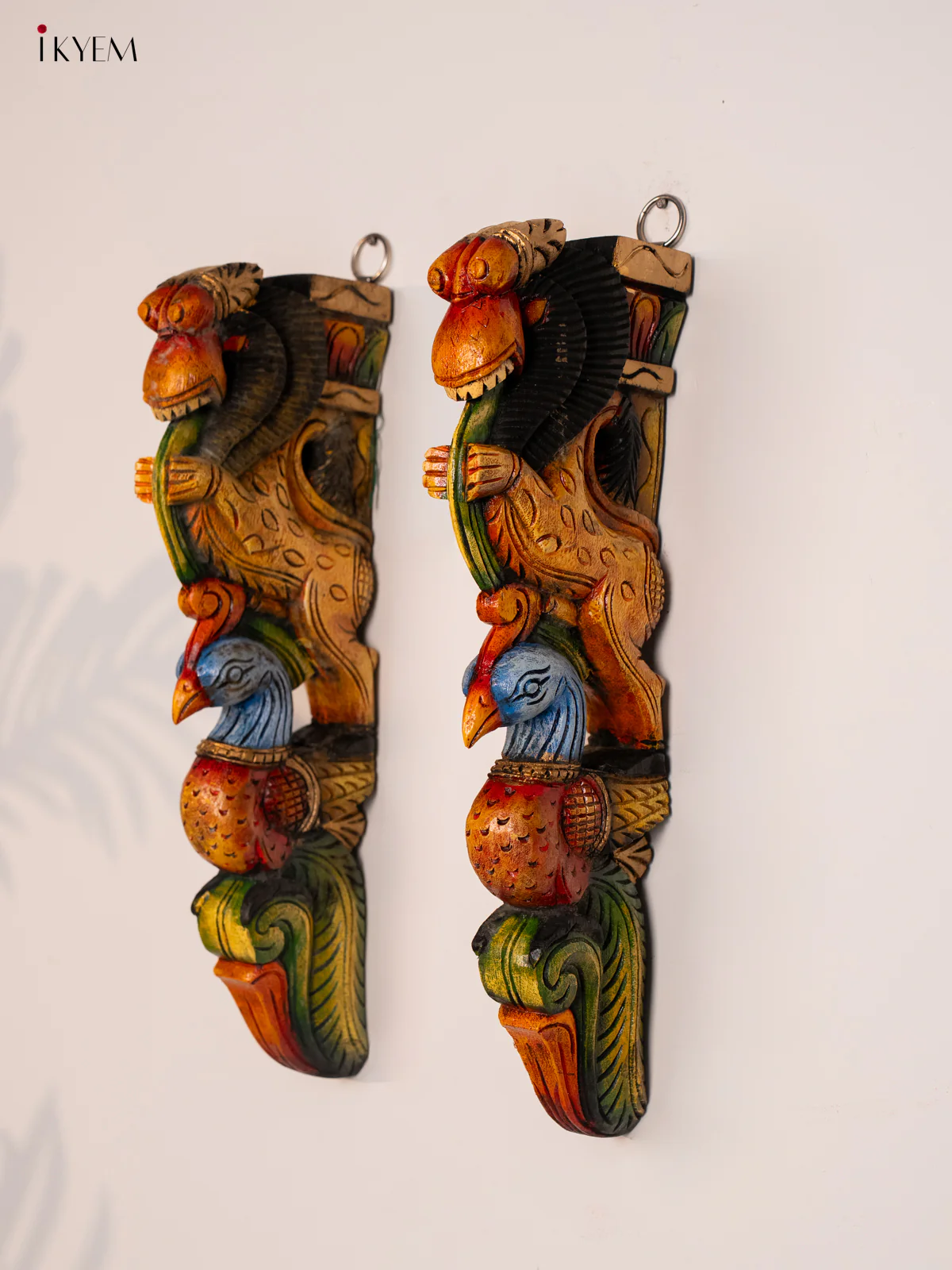 Wooden Hand Painted Carved Wall Bracket set Yali with Parrot - 18 Inches - KH14183 - Image 2