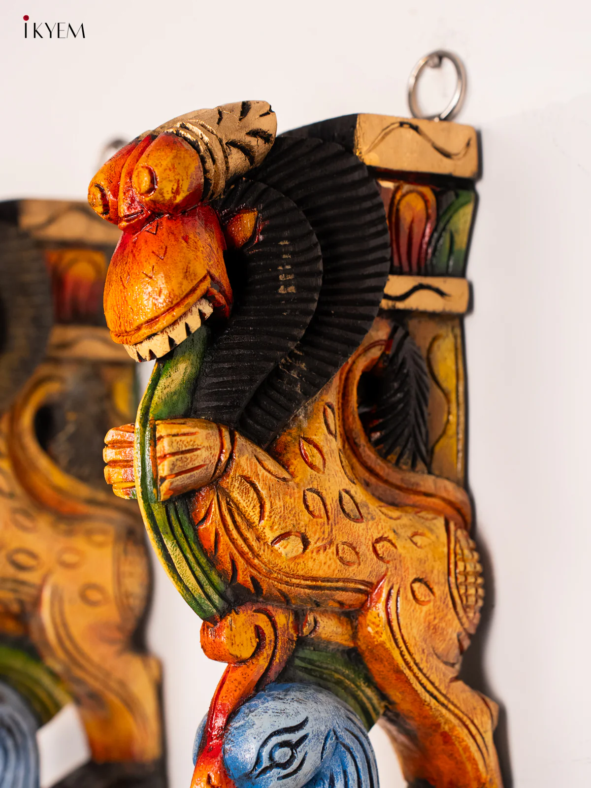 Wooden Hand Painted Carved Wall Bracket set Yali with Parrot - 18 Inches - KH14183 - Image 3