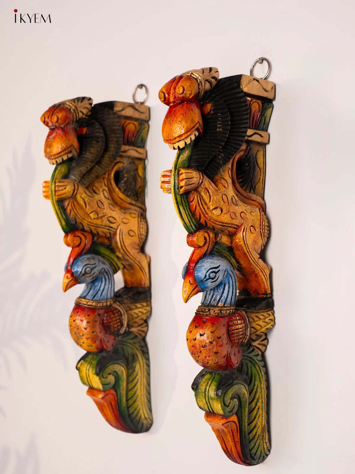 Wooden Hand Painted Carved Wall Bracket set Yali with Parrot - 18 Inches - KH14183 - Image 5