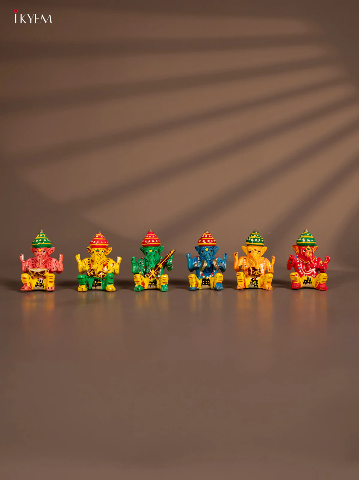 Wooden Kondapalli Hand Painted Set of 6 Small Sitting Musical Ganesh