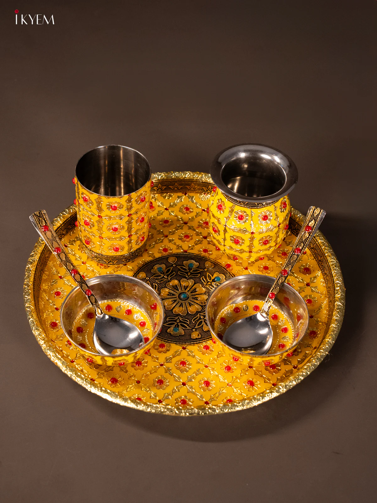 Meenakari Pooja Thali Set - Yellow - (10×10) - Inches - KH21214 - Image 6