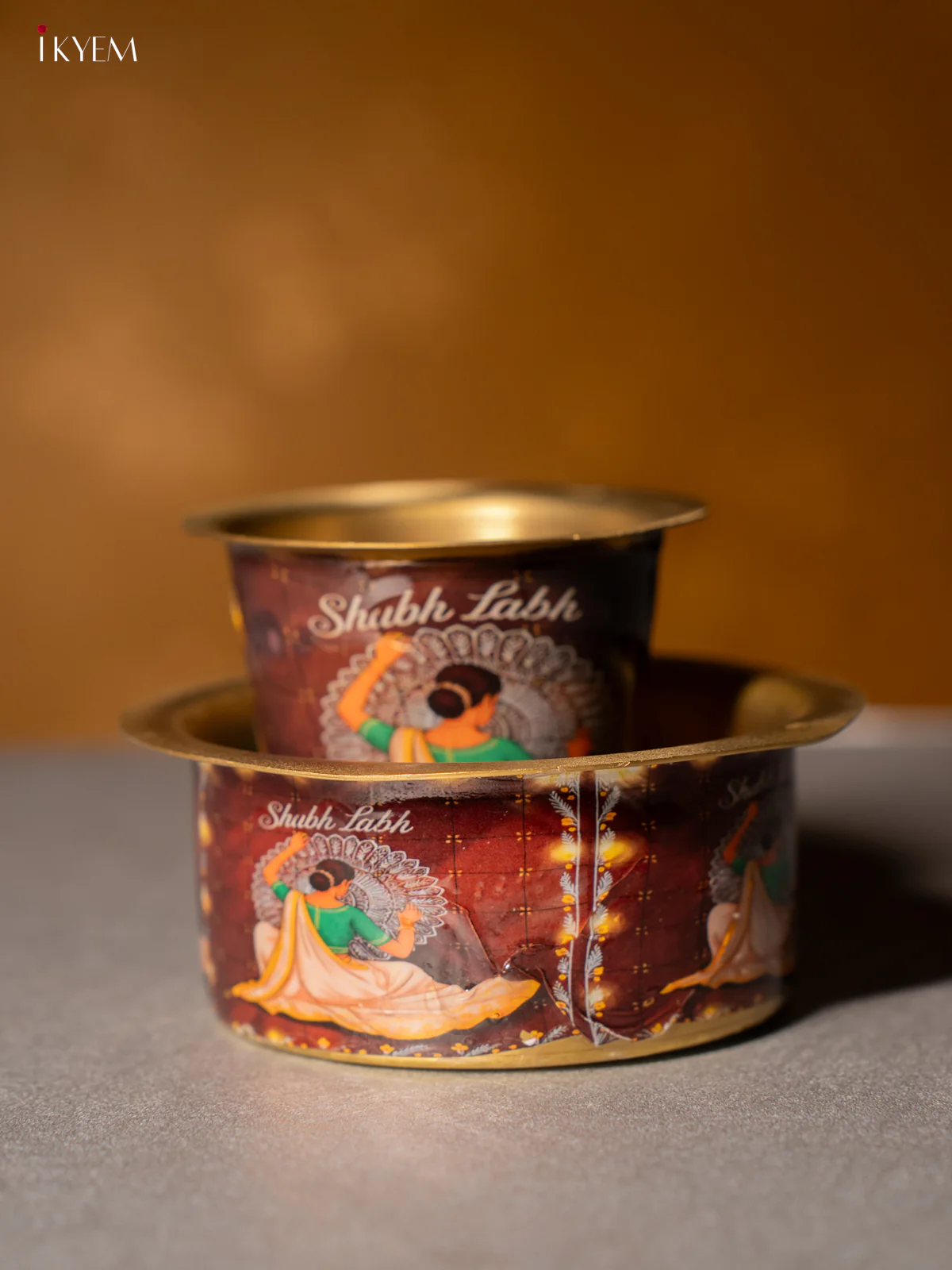 Lady Digital Printed Brass Coffee Dabara Set - Brown - KH22120
