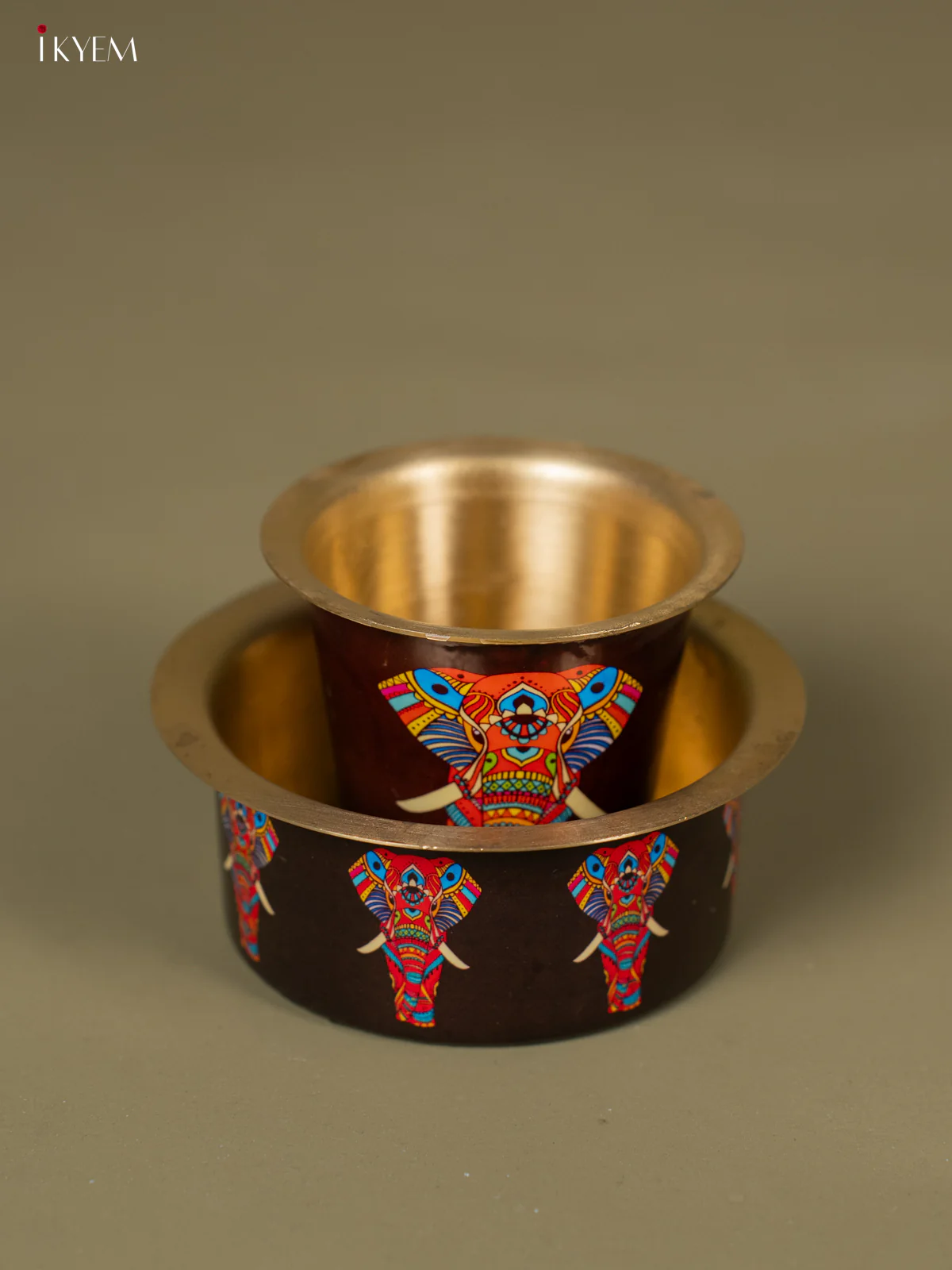 Elephant Digital Printed Brass Coffee Dabara Set - Brown - KH22122