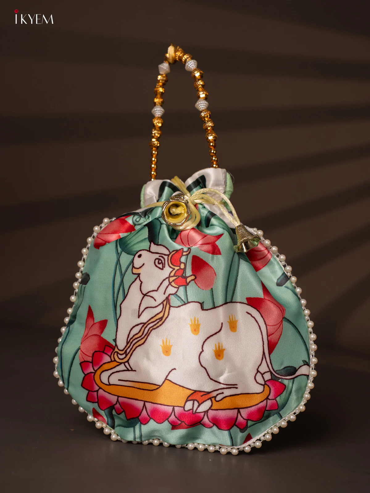 Designer Potli Bags with Beautiful Pichwai Cow Print - Green - KH22161