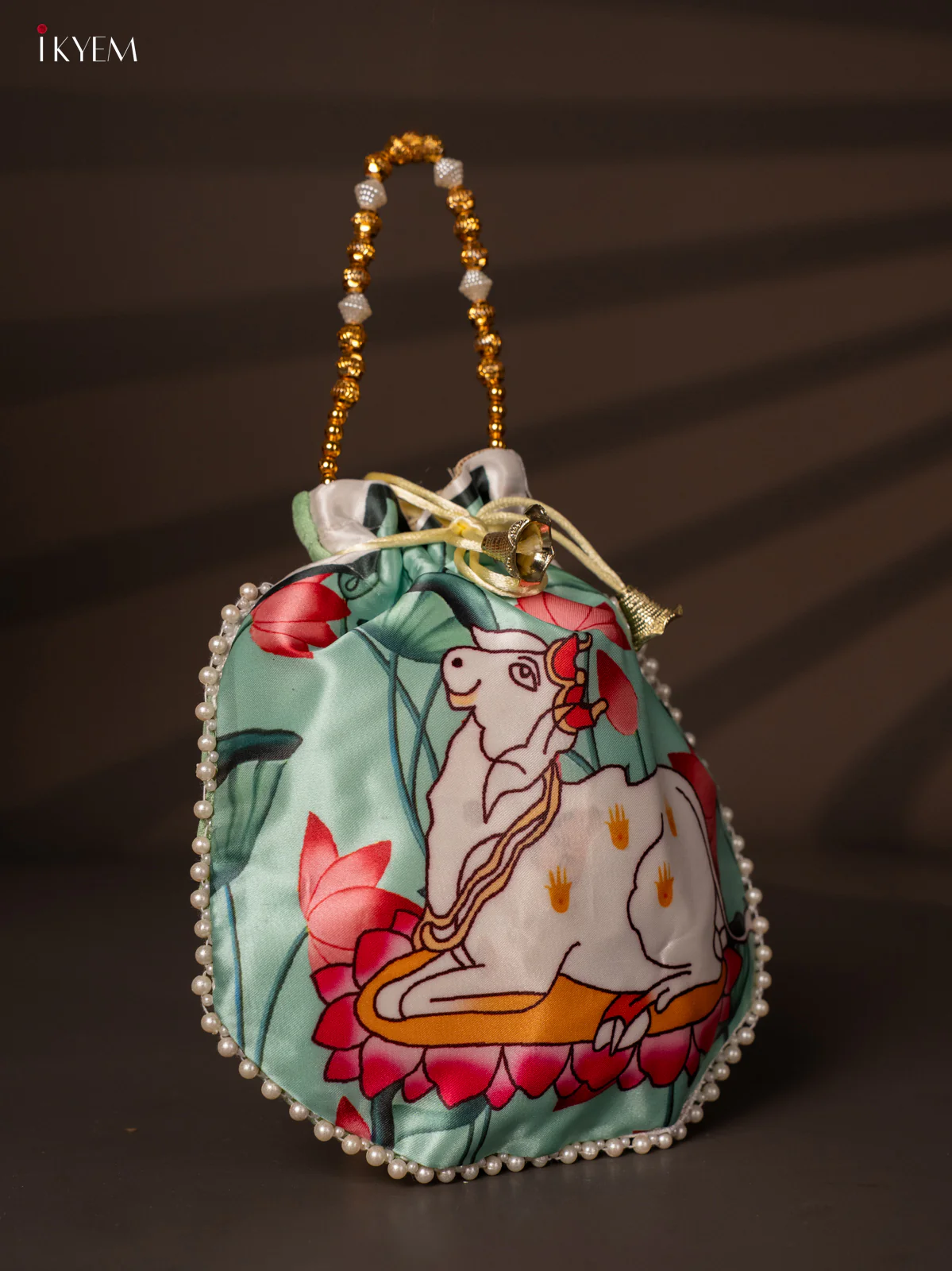 Designer Potli Bags with Beautiful Pichwai Cow Print - Green - KH22161 - Image 2