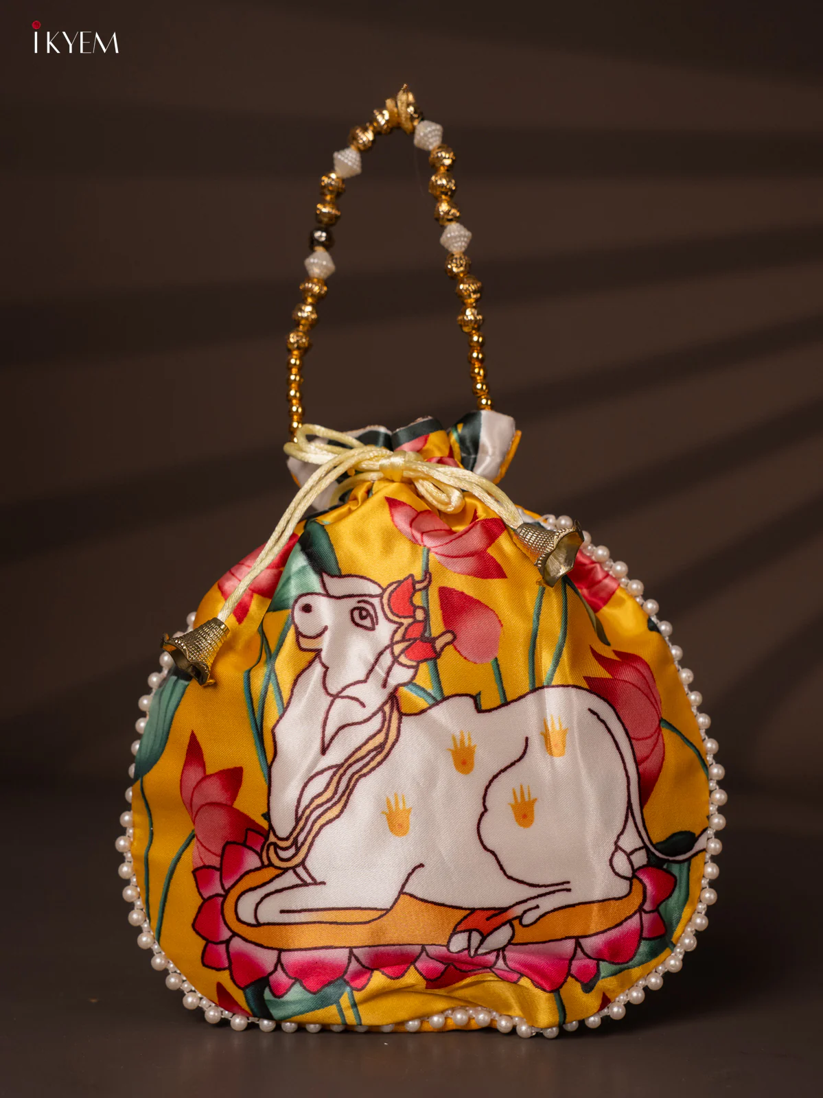 Designer Potli Bags with Beautiful Pichwai Cow Print - Yellow - KH22163