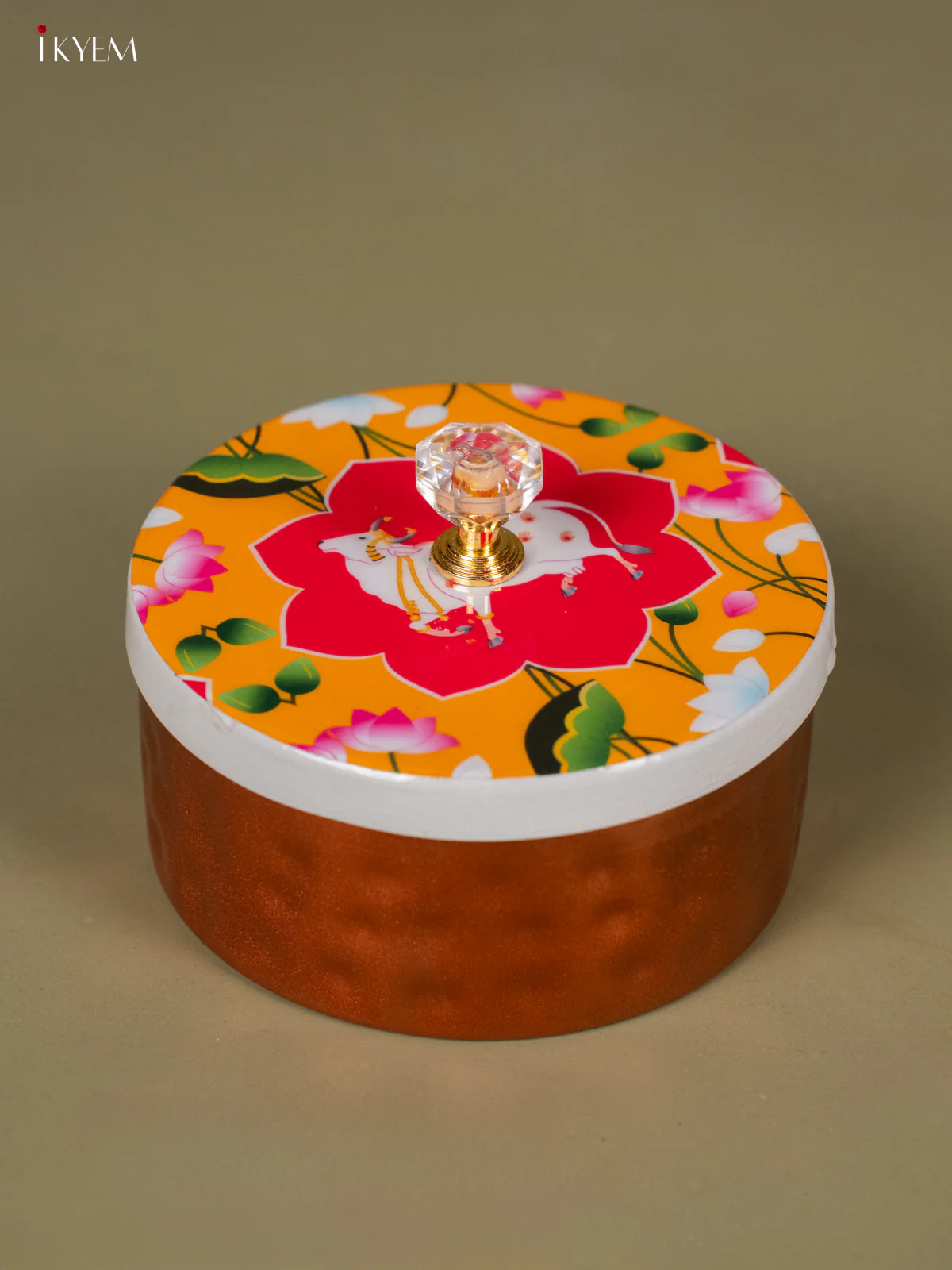 Digital Printed Round Copper Dry Fruit Box - Cow - Yellow - KH25112 - Image 2