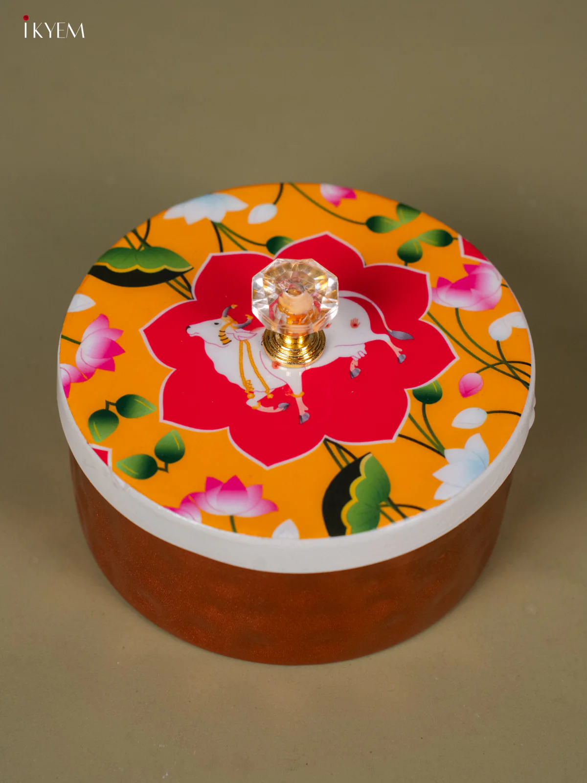 Digital Printed Round Copper Dry Fruit Box - Cow - Yellow - KH25112 - Image 3