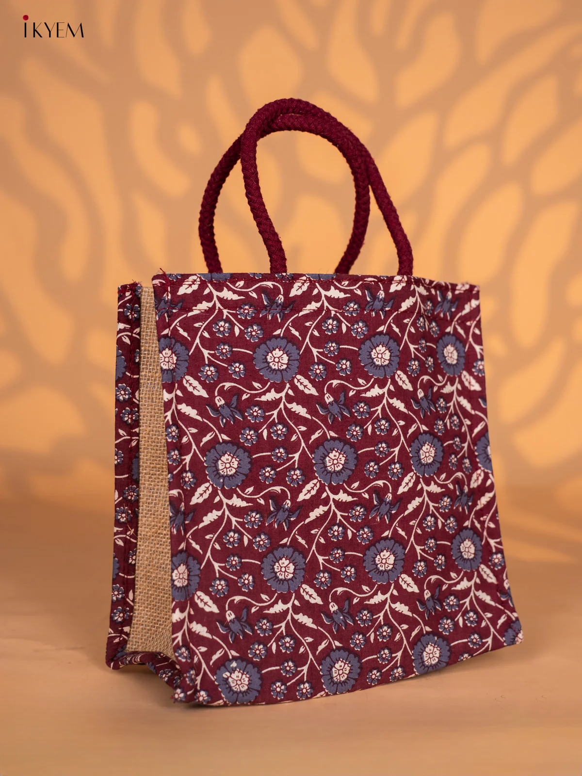 Jute Kalamkari Bag Floral design - Maroon - KH28124 - Image 2