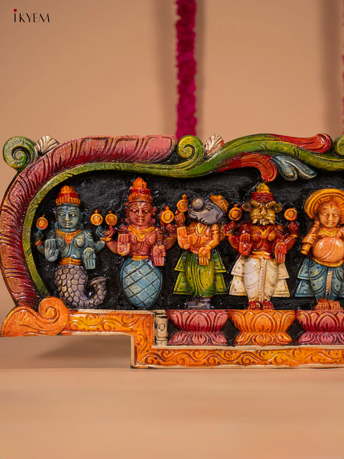 Wooden Hand Carved Painted Dasavatharam Panel - KH30111 - Image 3