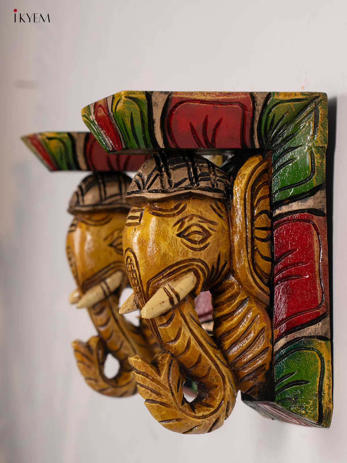 Wooden Hand Carved Painted Elephant Wall Bracket - KH30118 - Image 4
