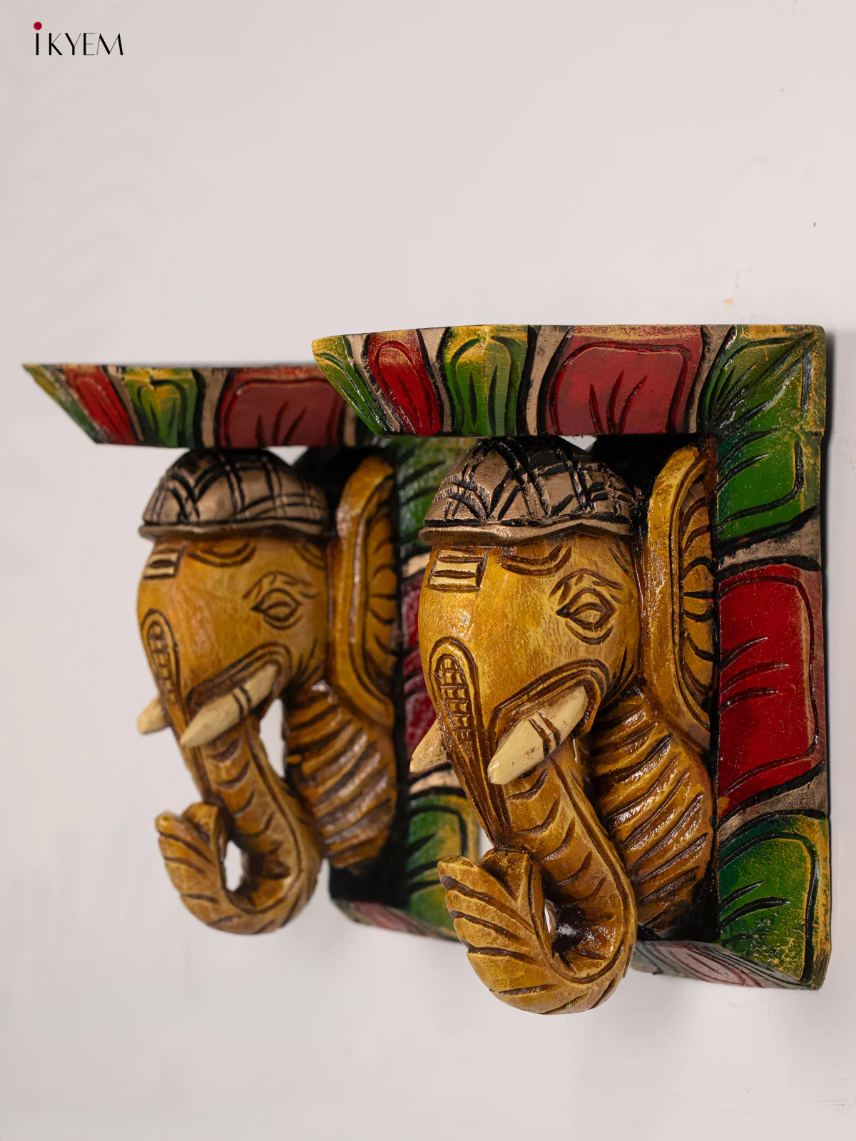 Wooden Hand Carved Painted Elephant Wall Bracket - KH30118 - Image 5