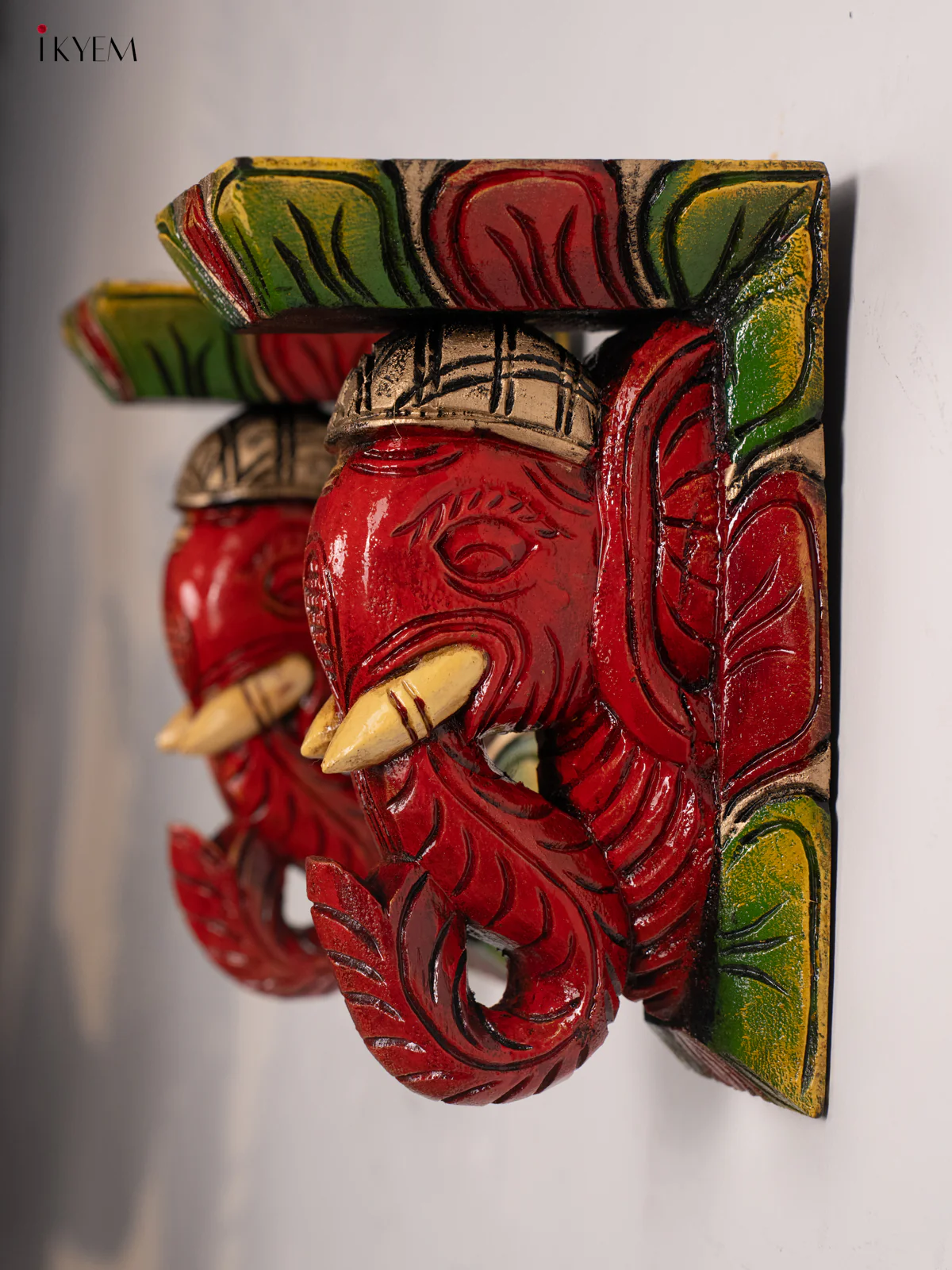 Wooden Hand Carved Painted Elephant Wall Bracket - KH30119 - Image 4
