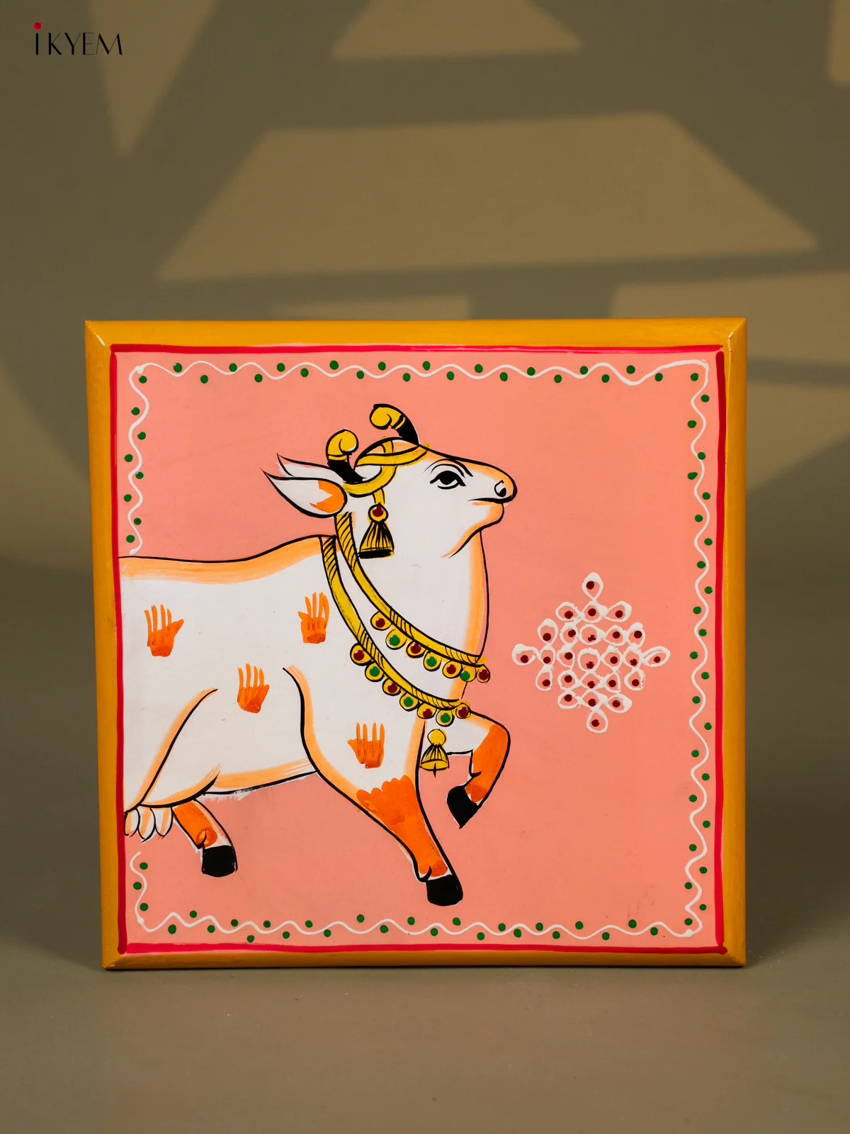 Cow Hand-Painted Wooden Chowki - (8×8) Inches - KH30128