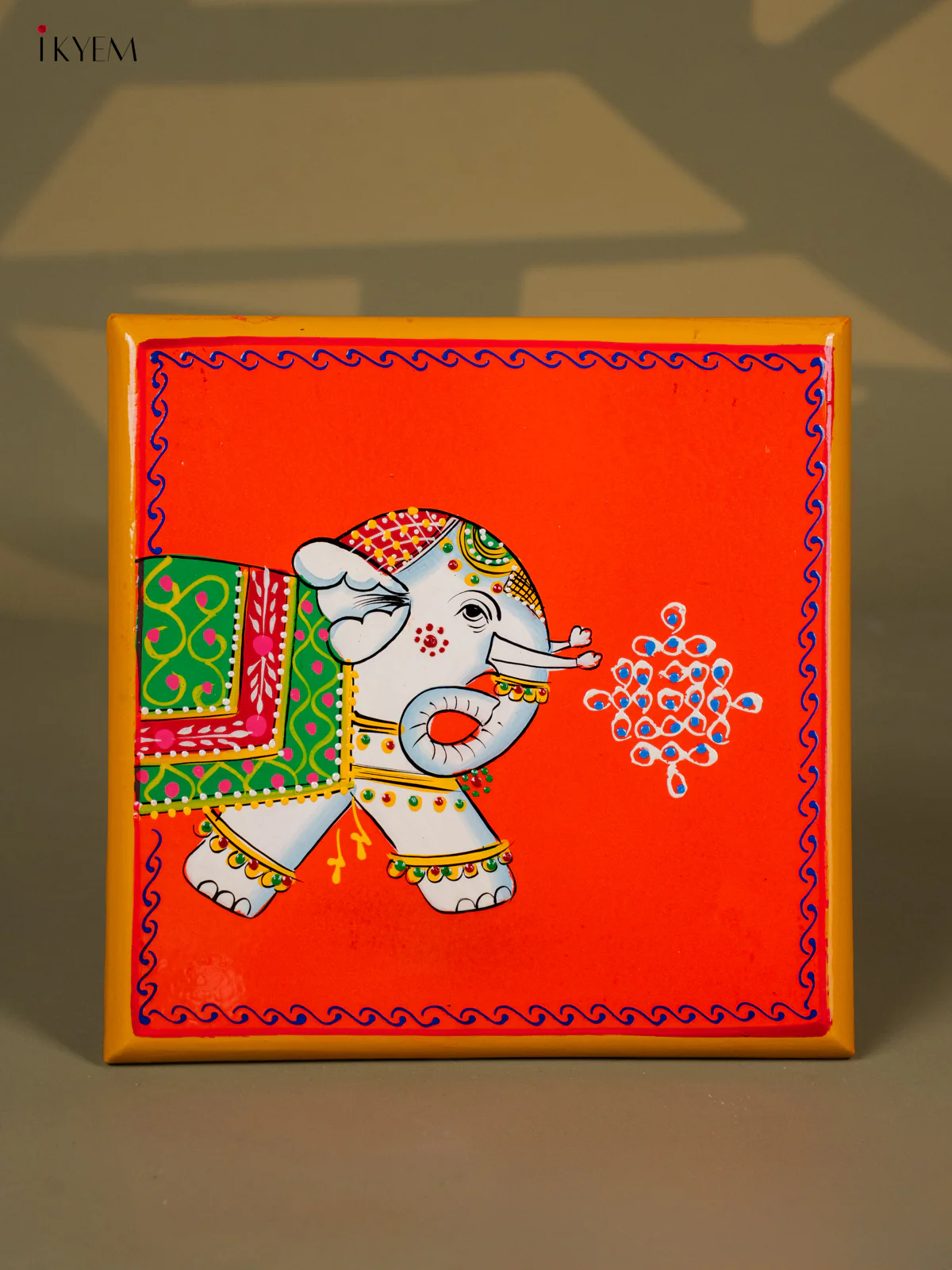 Elephant Hand-Painted Wooden Chowki - (8×8) Inches - KH30129