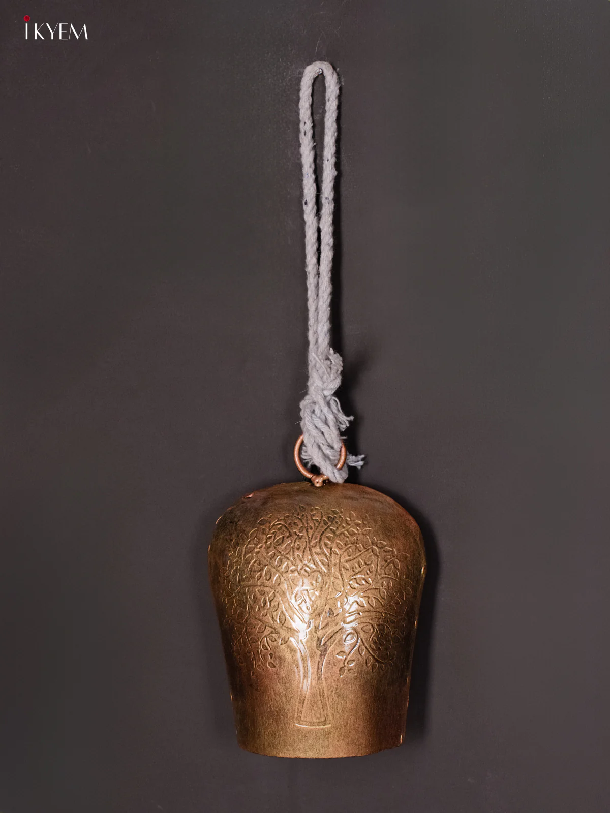 Metal Cow Bell with Tree Engraving & Rope Handle - Copper- KH30132