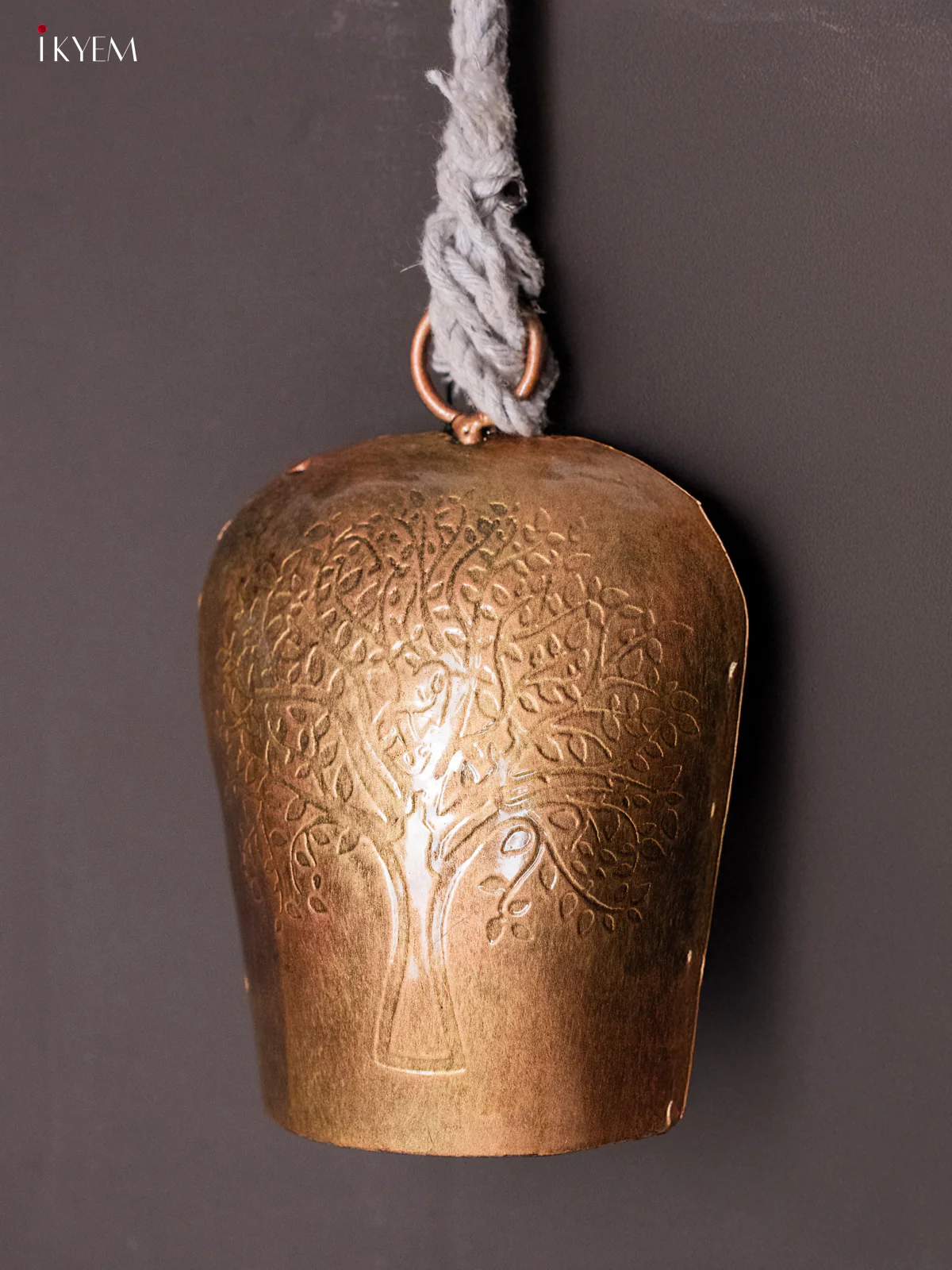 Metal Cow Bell with Tree Engraving & Rope Handle - Copper- KH30132 - Image 2