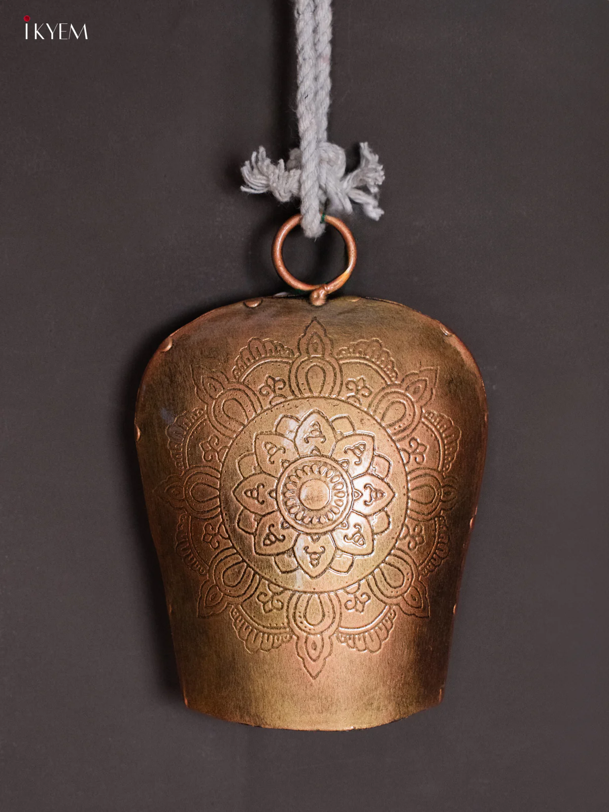 Metal Cow Bell with Rangoli Engraving & Rope Handle - Copper - KH30133