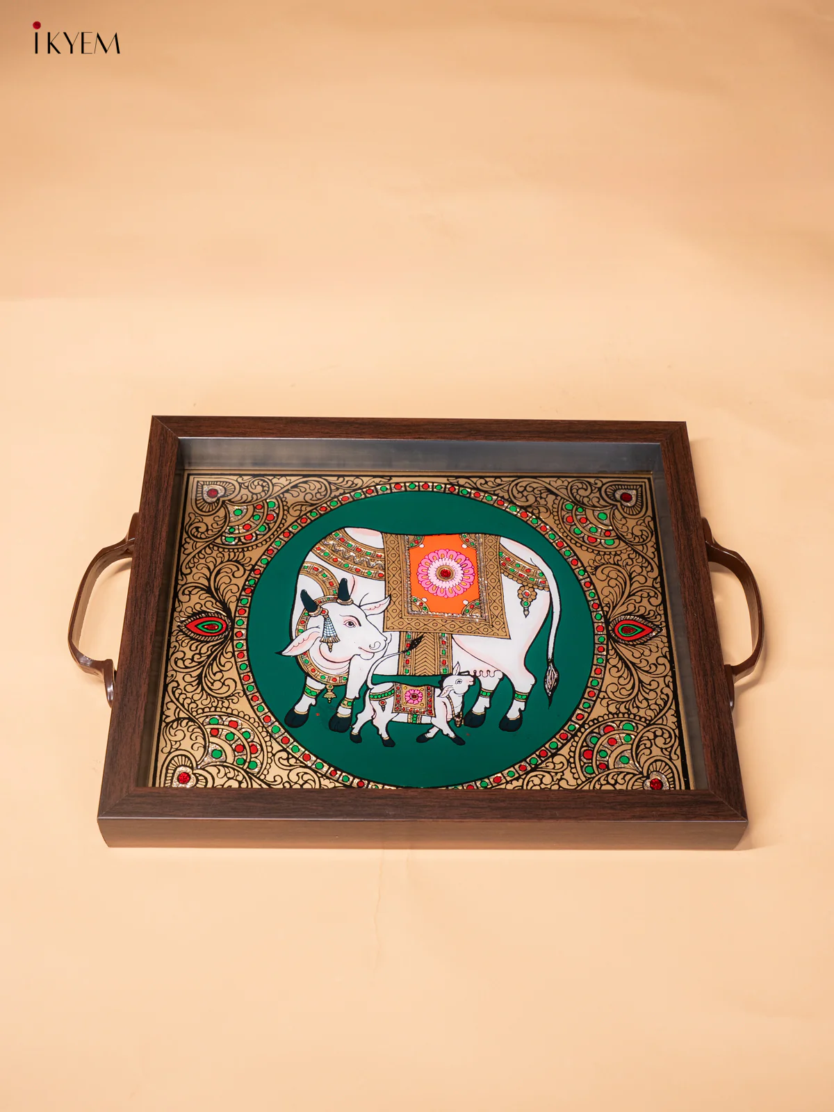 Reverse Glass Painted Tray (11x9) - Cow & Calf - Green - KI02119 - Image 3