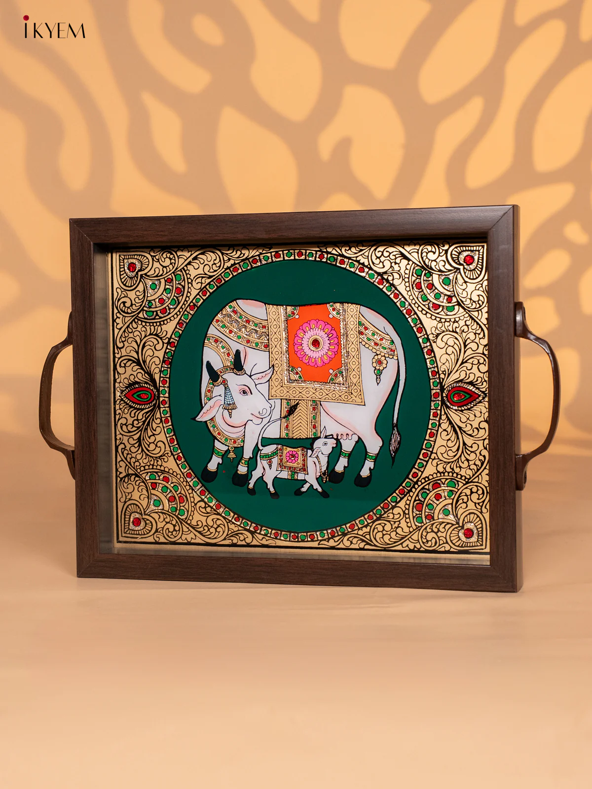 Reverse Glass Painted Tray (11x9) - Cow & Calf - Green - KI02119 - Image 4