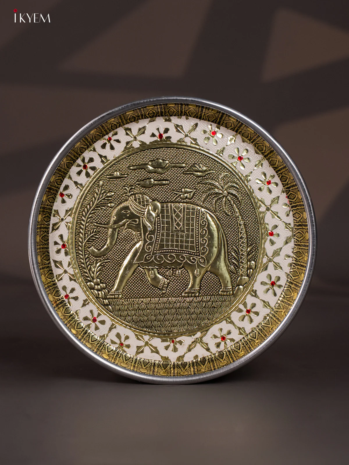 White Meenakari Plate with Oxidized Elephant Design - 8 Inches - KI02127