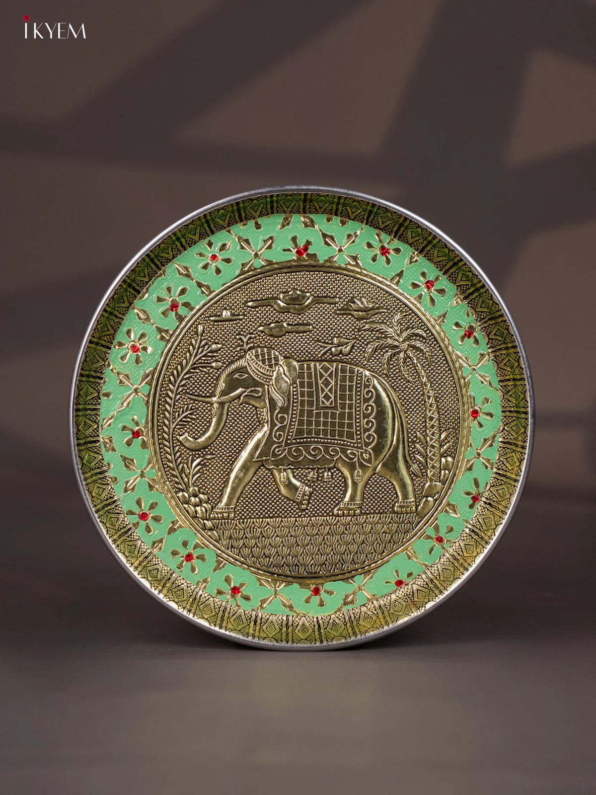 Green Meenakari Plate with Oxidized Elephant Design - 8 Inches- KI02130