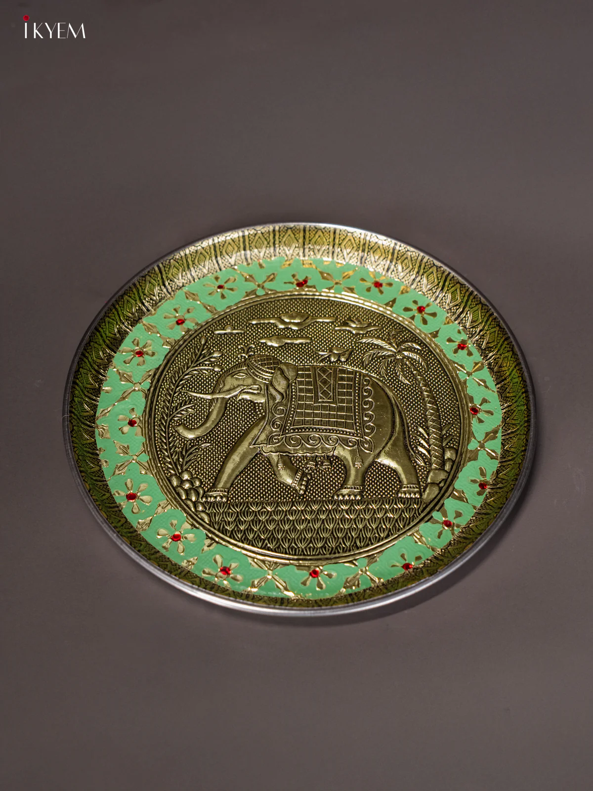 Green Meenakari Plate with Oxidized Elephant Design - 8 Inches- KI02130 - Image 3