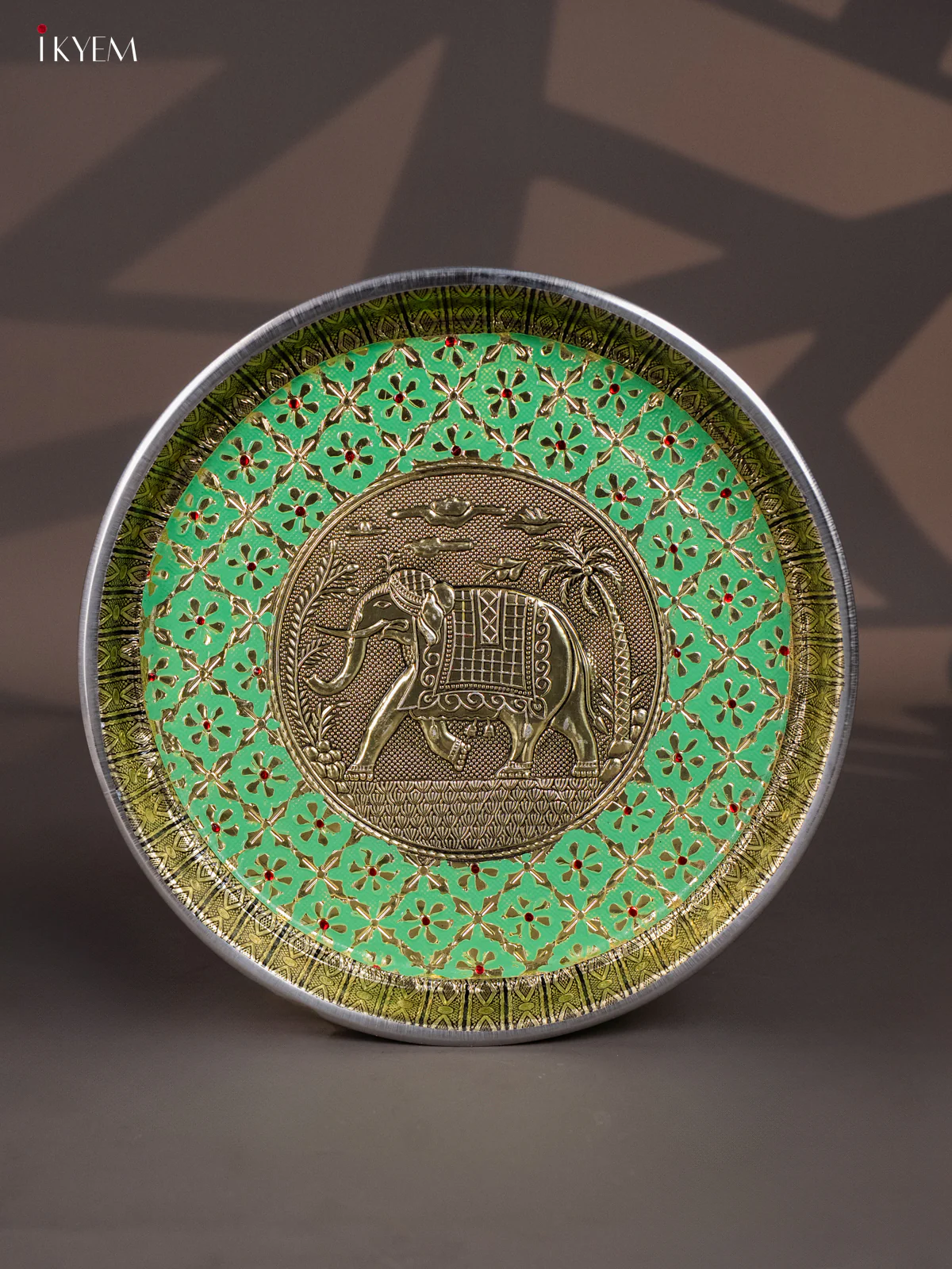 Green Meenakari Plate with Oxidized Elephant Design - 11 Inches- KI02136