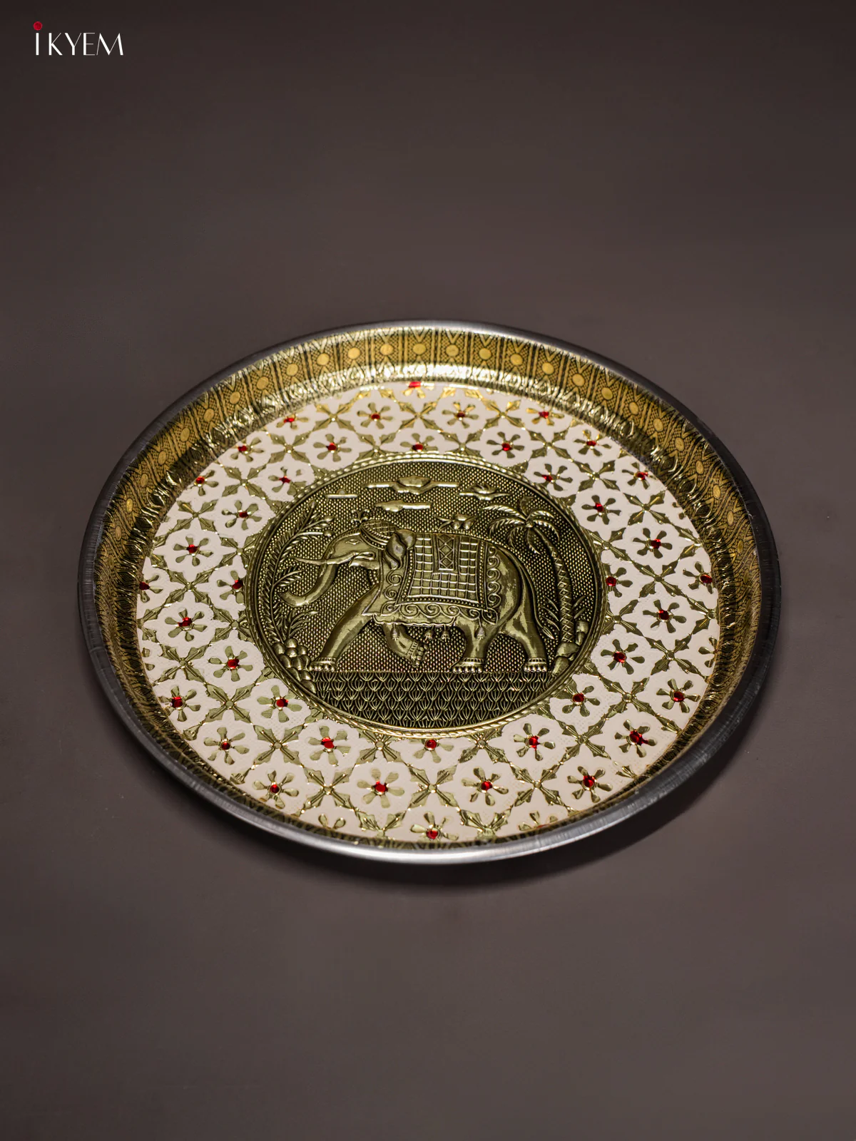 White Meenakari Plate with Oxidized Elephant Design - 11 Inches- KI02137 - Image 3