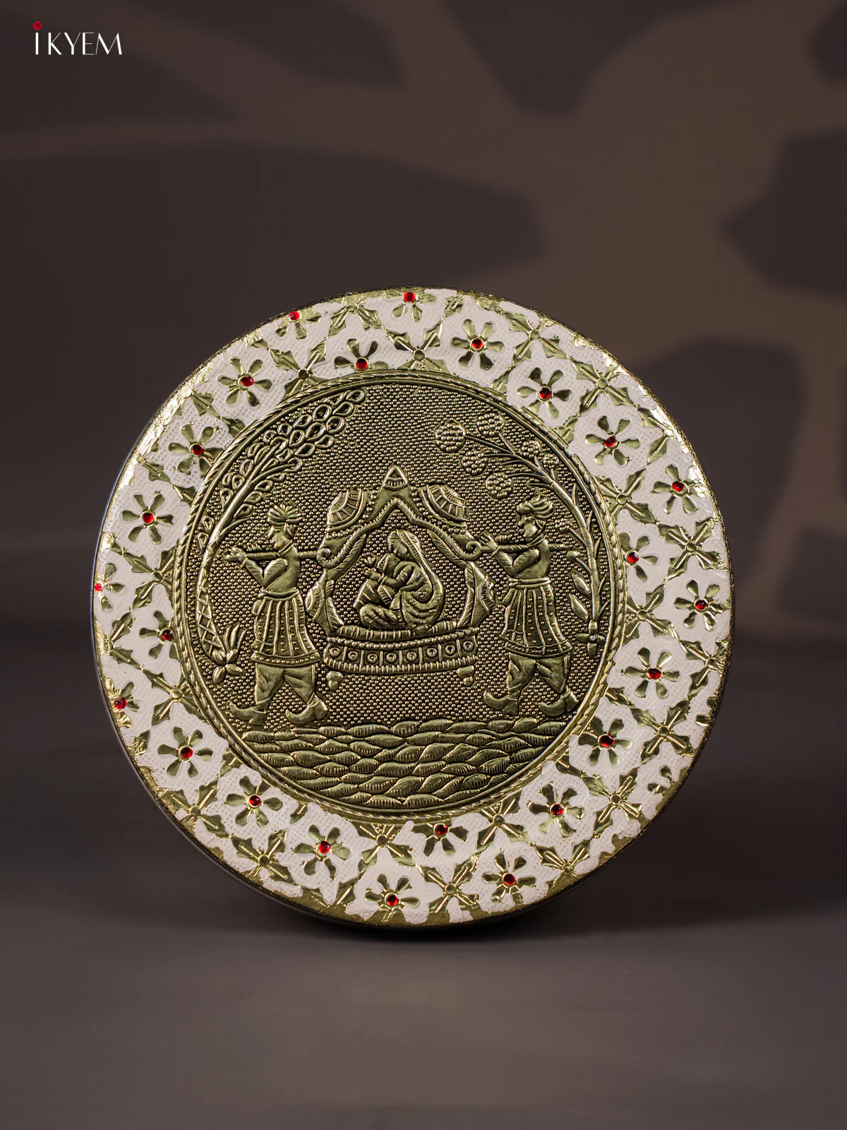 White Meenakari Box with Oxidized Pallakku Design - 8 Inches- KI02138