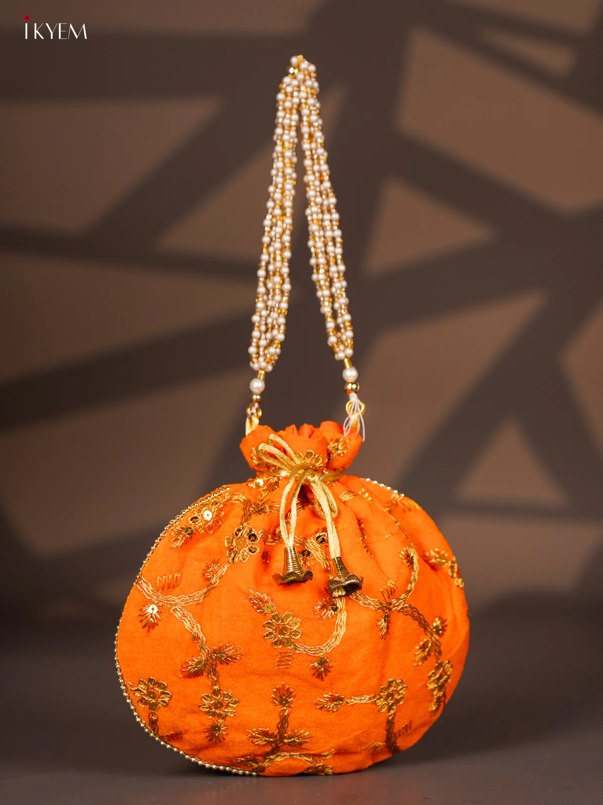 Potli Bag with Embroidered Floral Design & Gold Zari Orange - KI02144 - Image 2