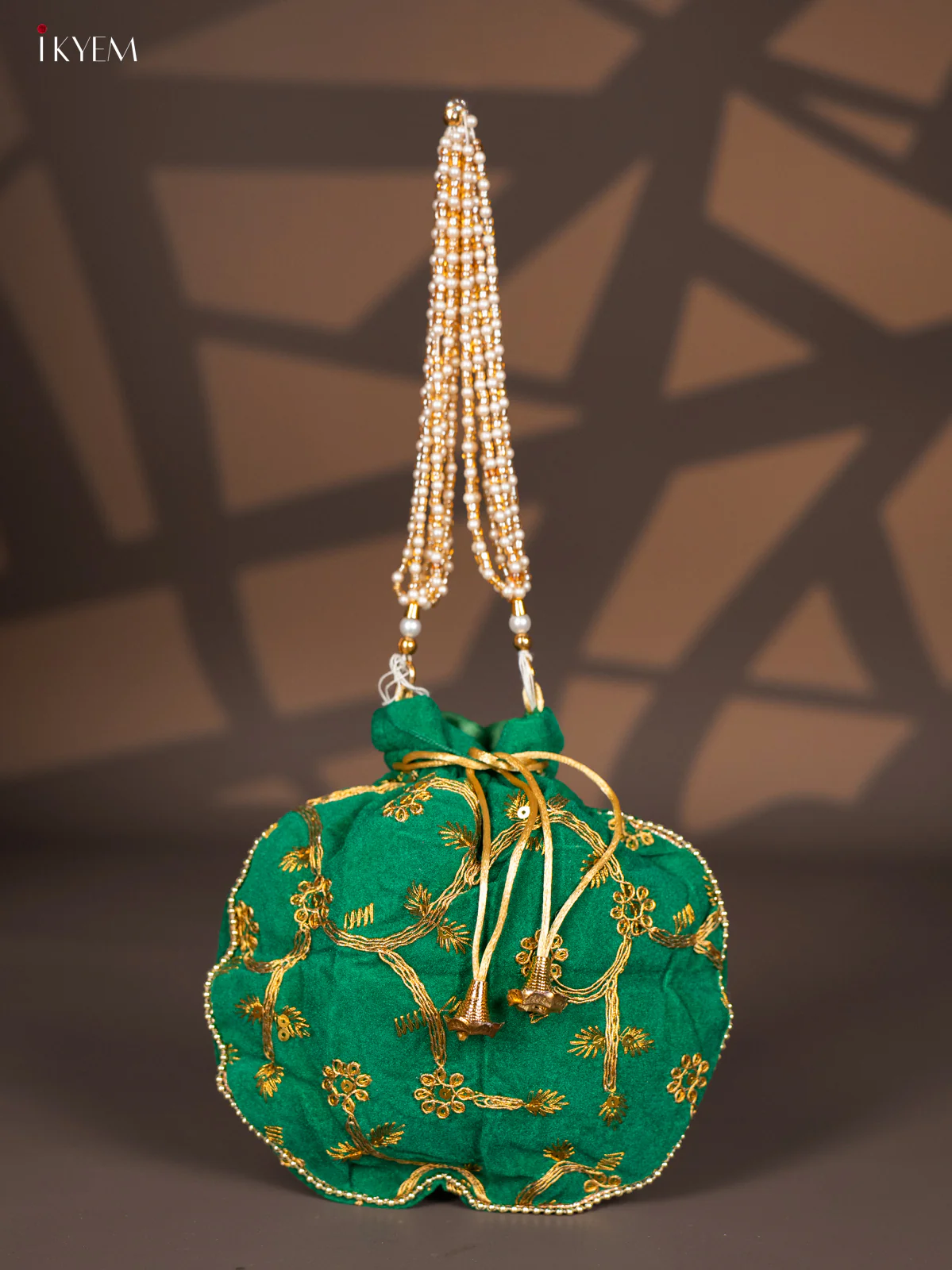 Potli Bag with Embroidered Floral Design & Gold Zari Green - KI02146