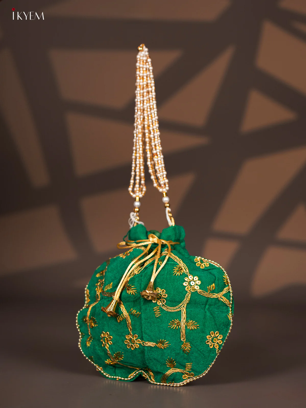 Potli Bag with Embroidered Floral Design & Gold Zari Green - KI02146 - Image 3