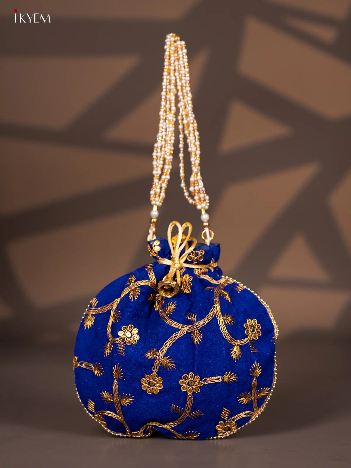 Blue Potli Bag with Embroidered Floral Design & Gold Zari Blue - KI02150
