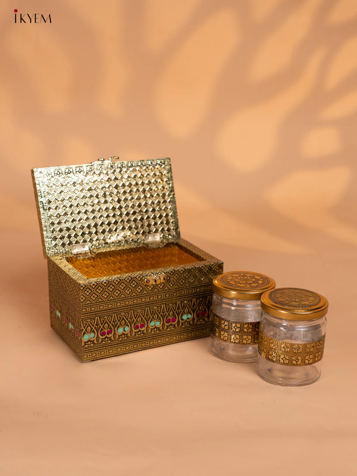Meenakari Wooden Dry Fruit Box with 2 Glass Jars - Peacock design - Image 5