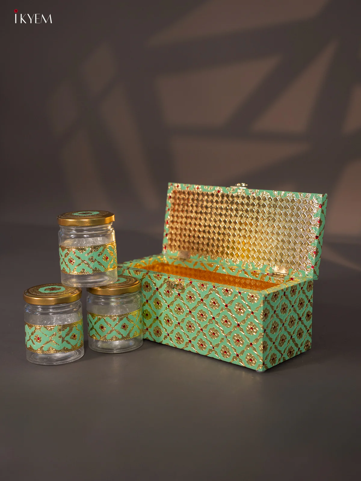 Meenakari Wooden Dry Fruit Box 3 Jar with Gless - Pista Green - KI03131 - Image 2