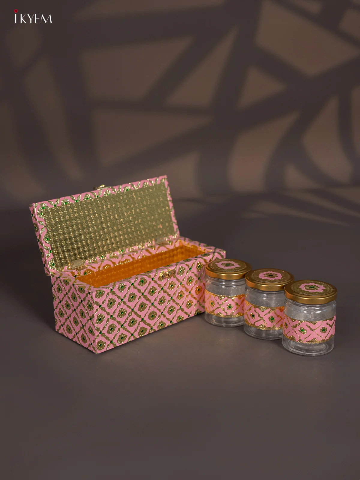 Meenakari Wooden Dry Fruit Box 3 Jar with Gless - Pink - KI03132 - Image 2