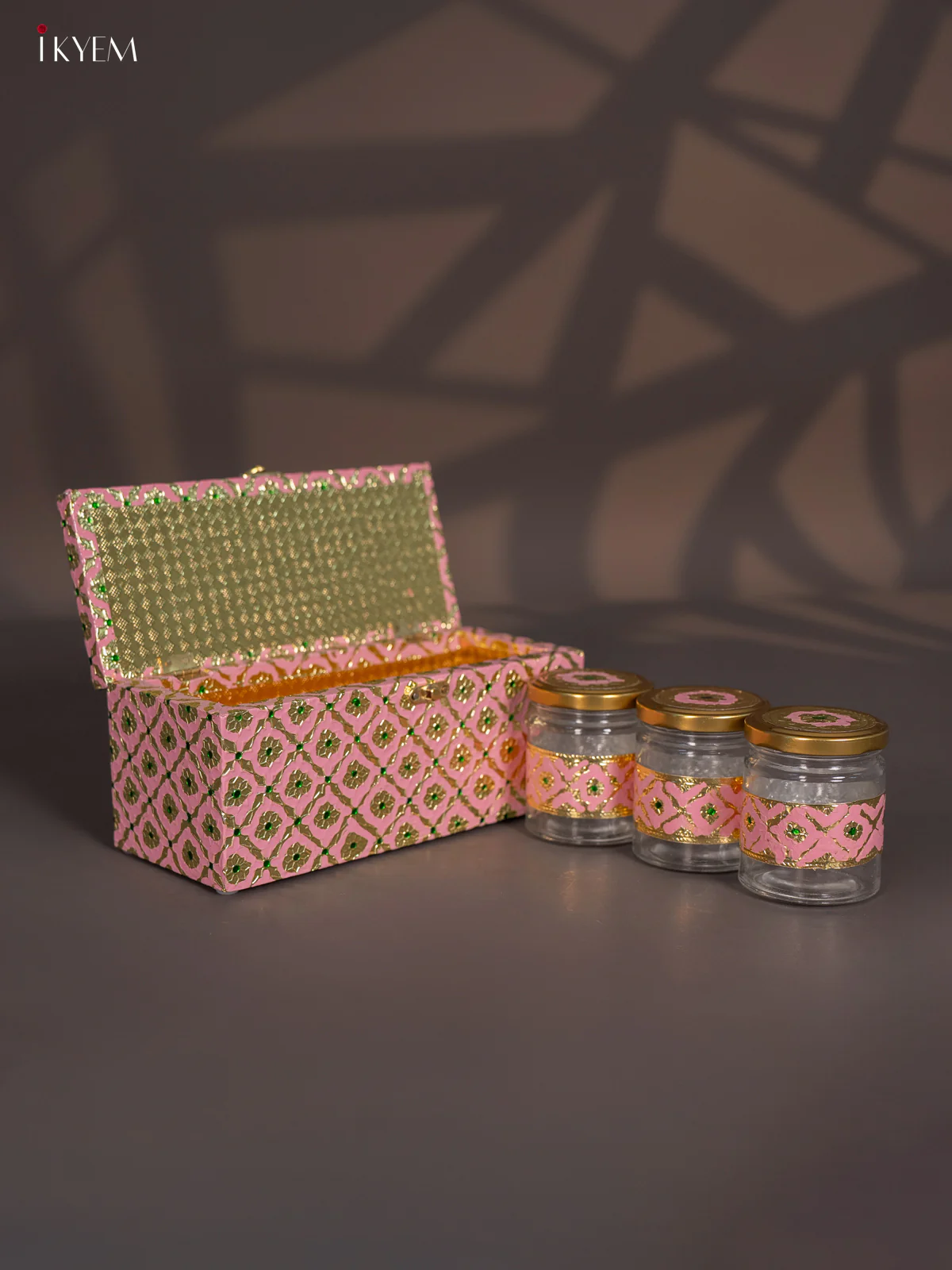 Meenakari Wooden Dry Fruit Box 3 Jar with Gless - Pink - KI03132 - Image 4