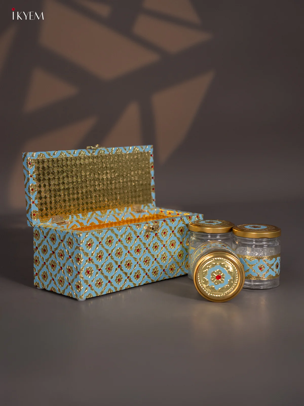 Meenakari Wooden Dry Fruit Box 3 Jar with Gless - Blue - KI03133 - Image 2