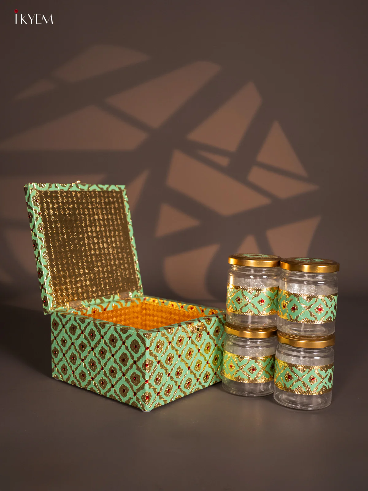 Meenakari Wooden Dry Fruit Box 4 Jar with Gless - Pista Green - Image 4