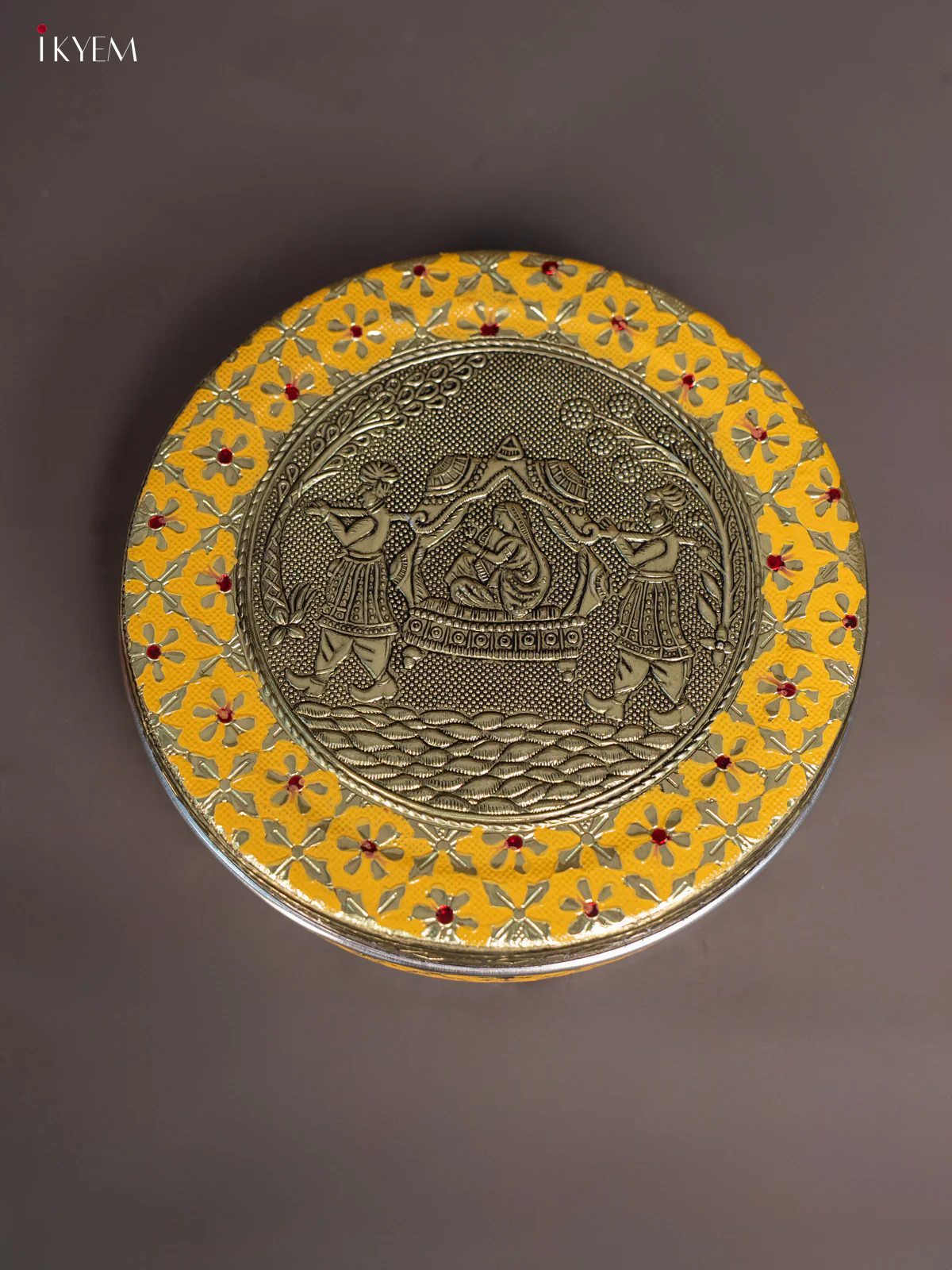 Yellow Meenakari Box with Oxidized Pallakku Design 8 Inches- KI03147 - Image 2