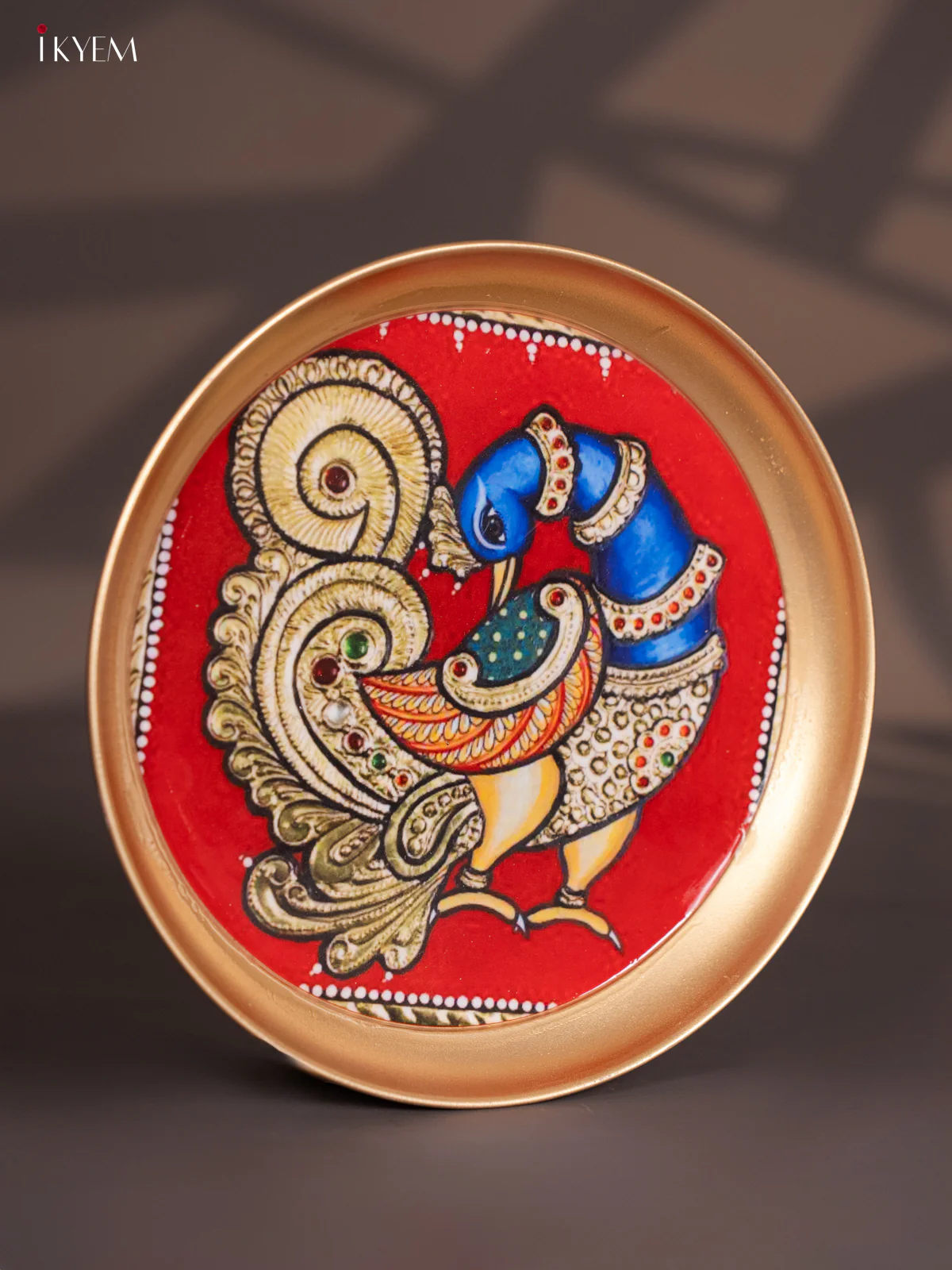 Brass Coated Plate Peacock - Red & Blue - 8 Inches - KI06115 - Image 2