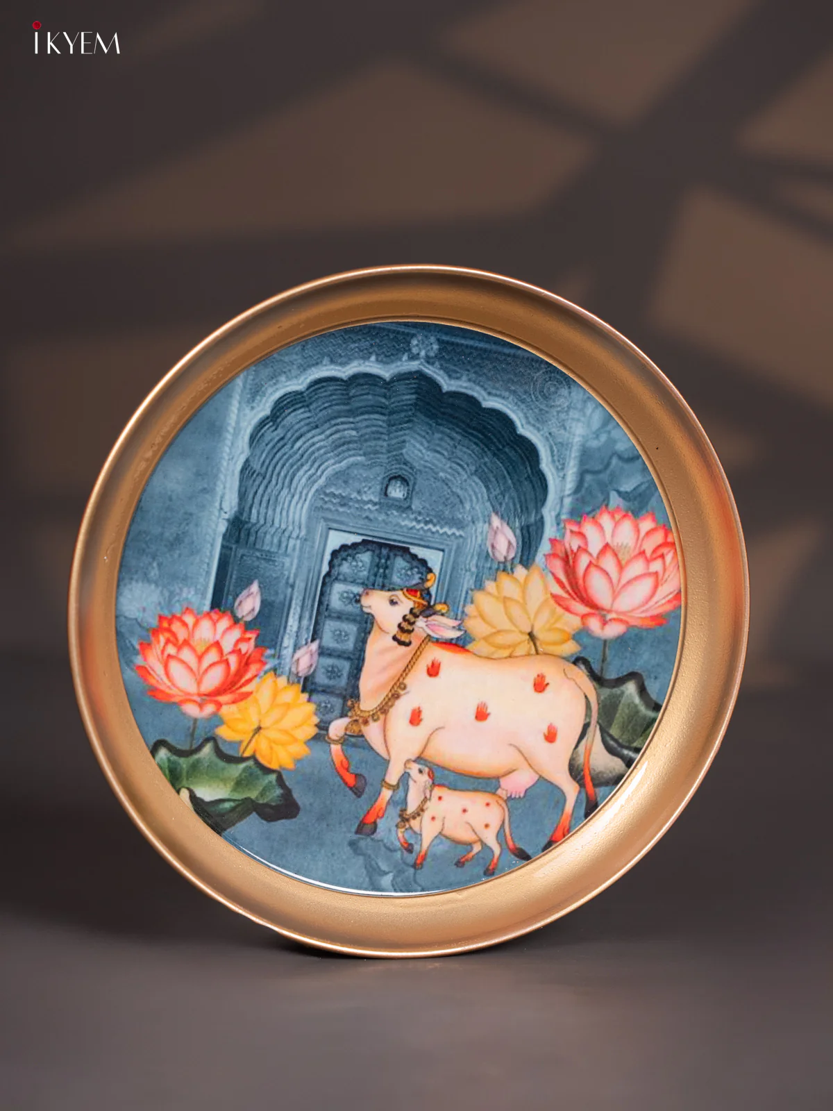 Brass Coated Plate Cow & Calf peacock - Blue - 8 Inches - KI06119 - Image 2