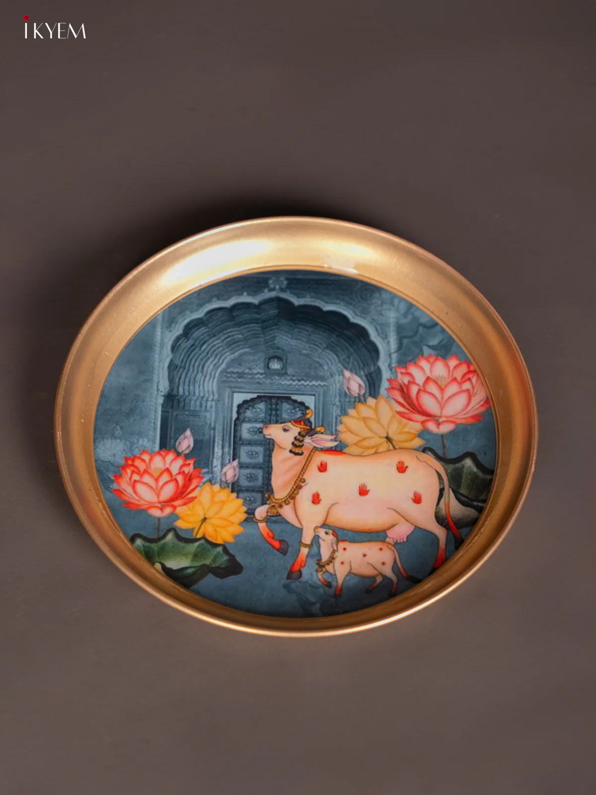 Brass Coated Plate Cow & Calf peacock - Blue - 8 Inches - KI06119 - Image 3