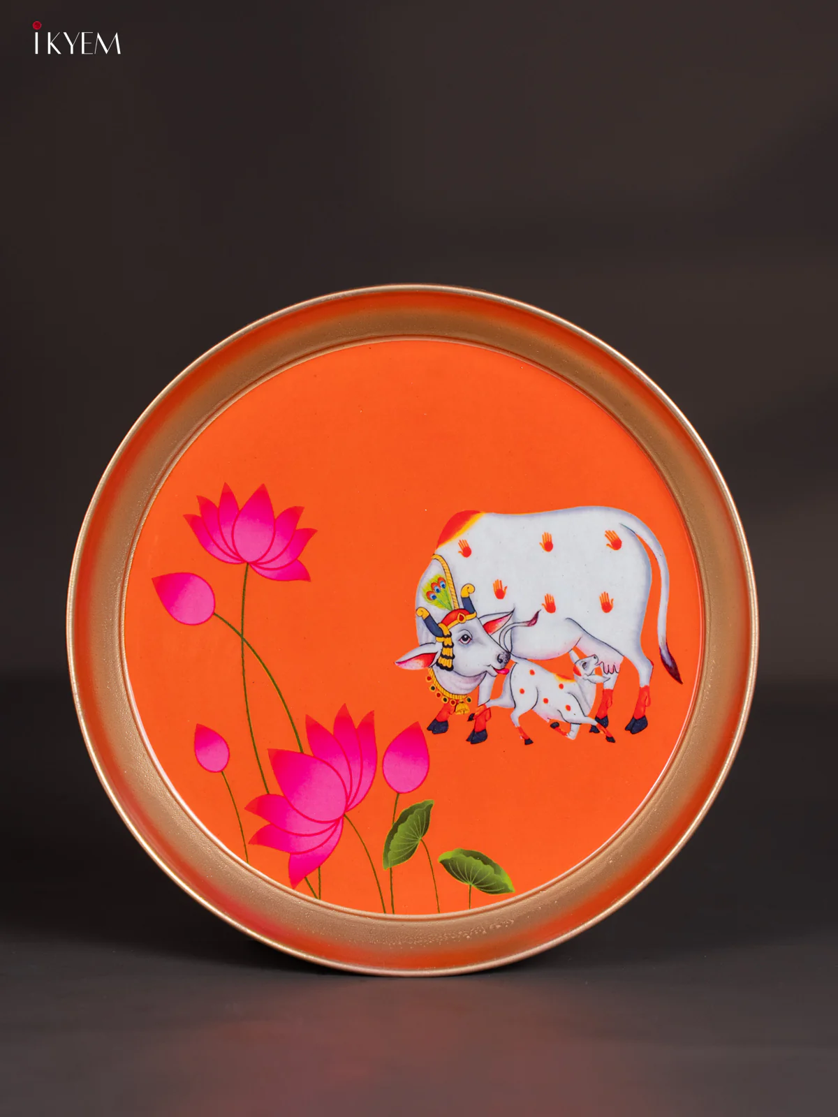 Brass Coated Plate Cow & Calf with Lotus - Orange with Pink - 8 Inches - KI06122