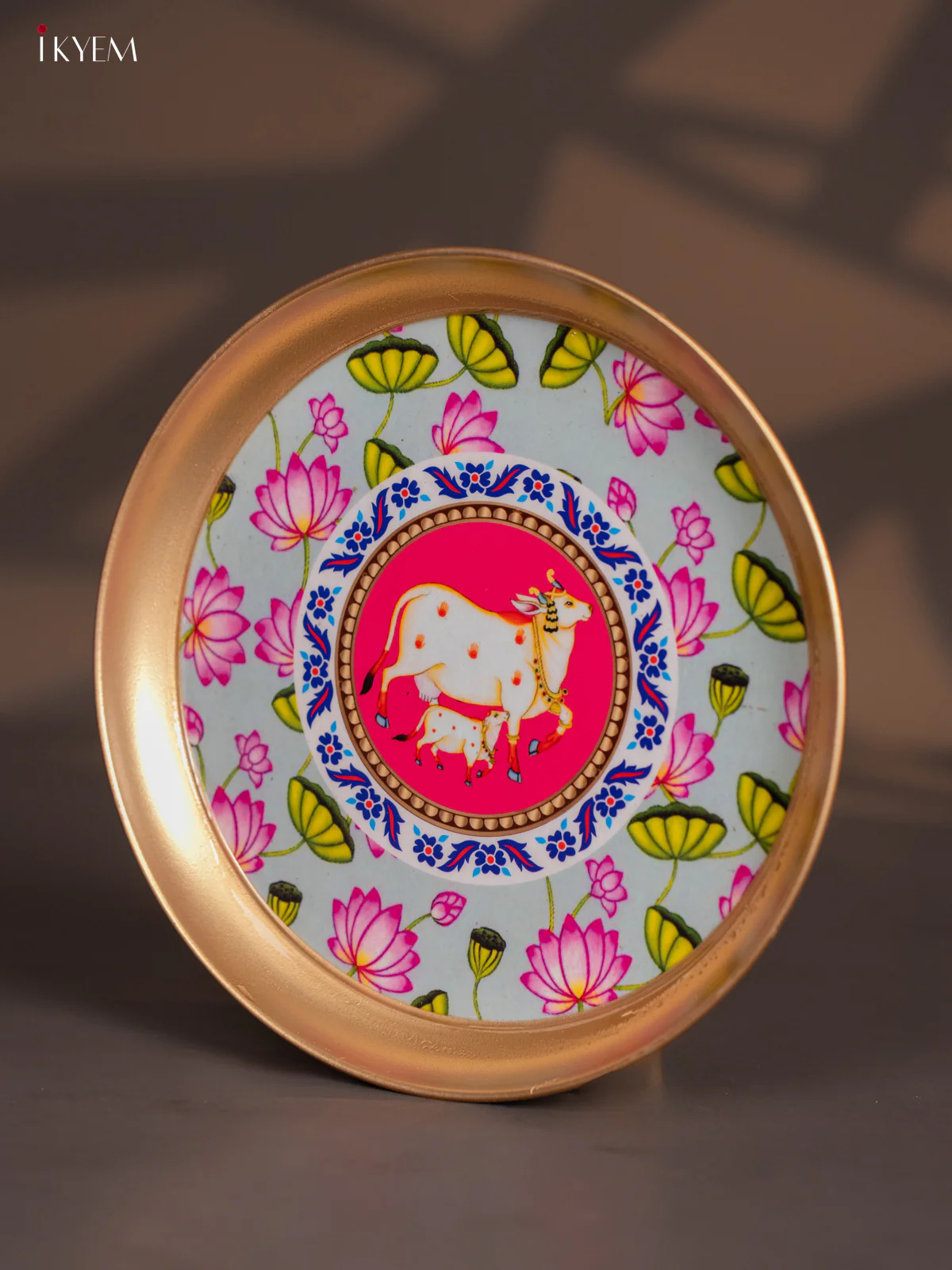 Brass Coated Plate Cow & Calf Pichwai - Green with Pink - 8 Inches - KI06132 - Image 4