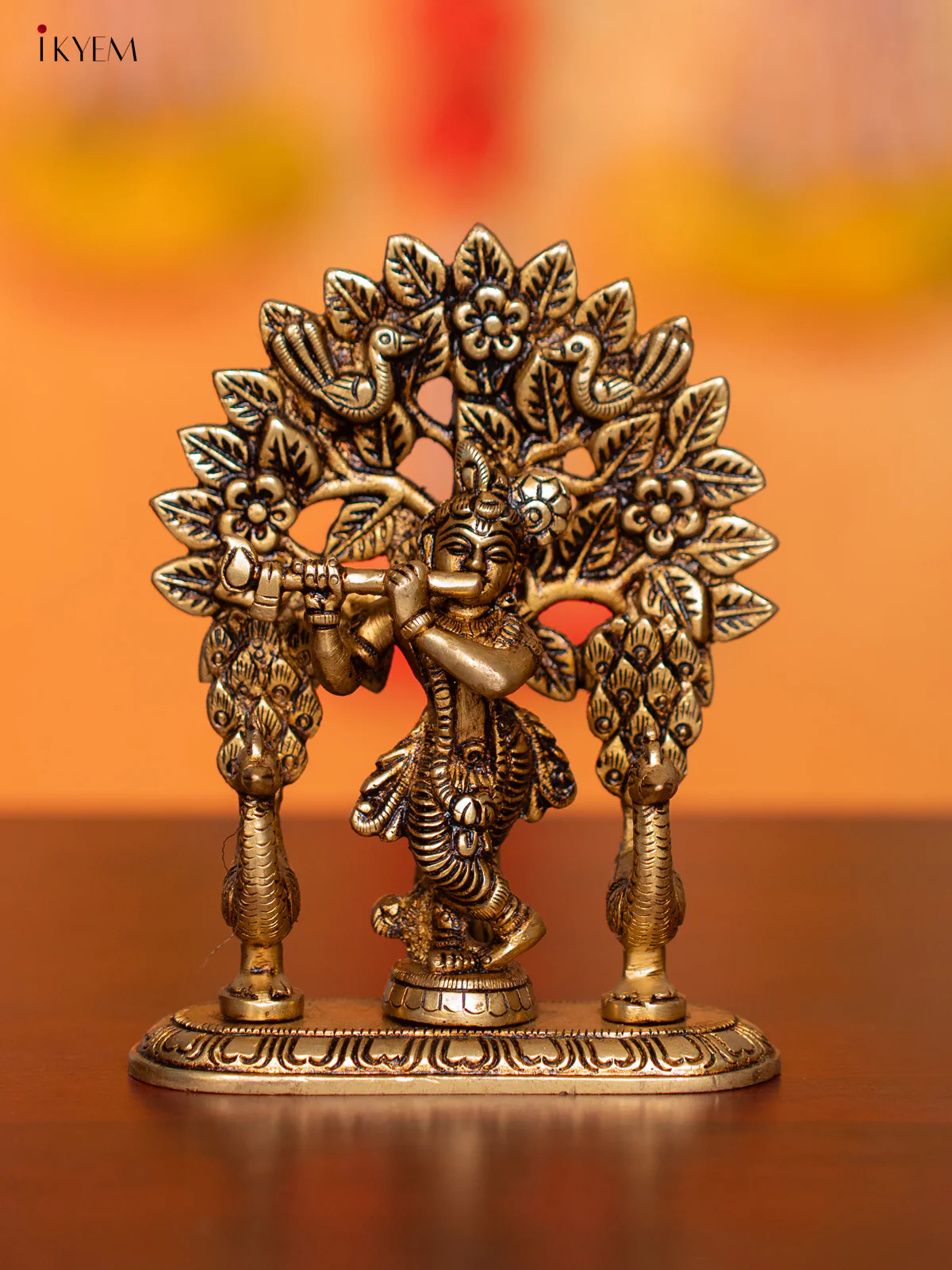 Brass Krishana with Tree & Peacock Idol - 5 Inch - KI07151