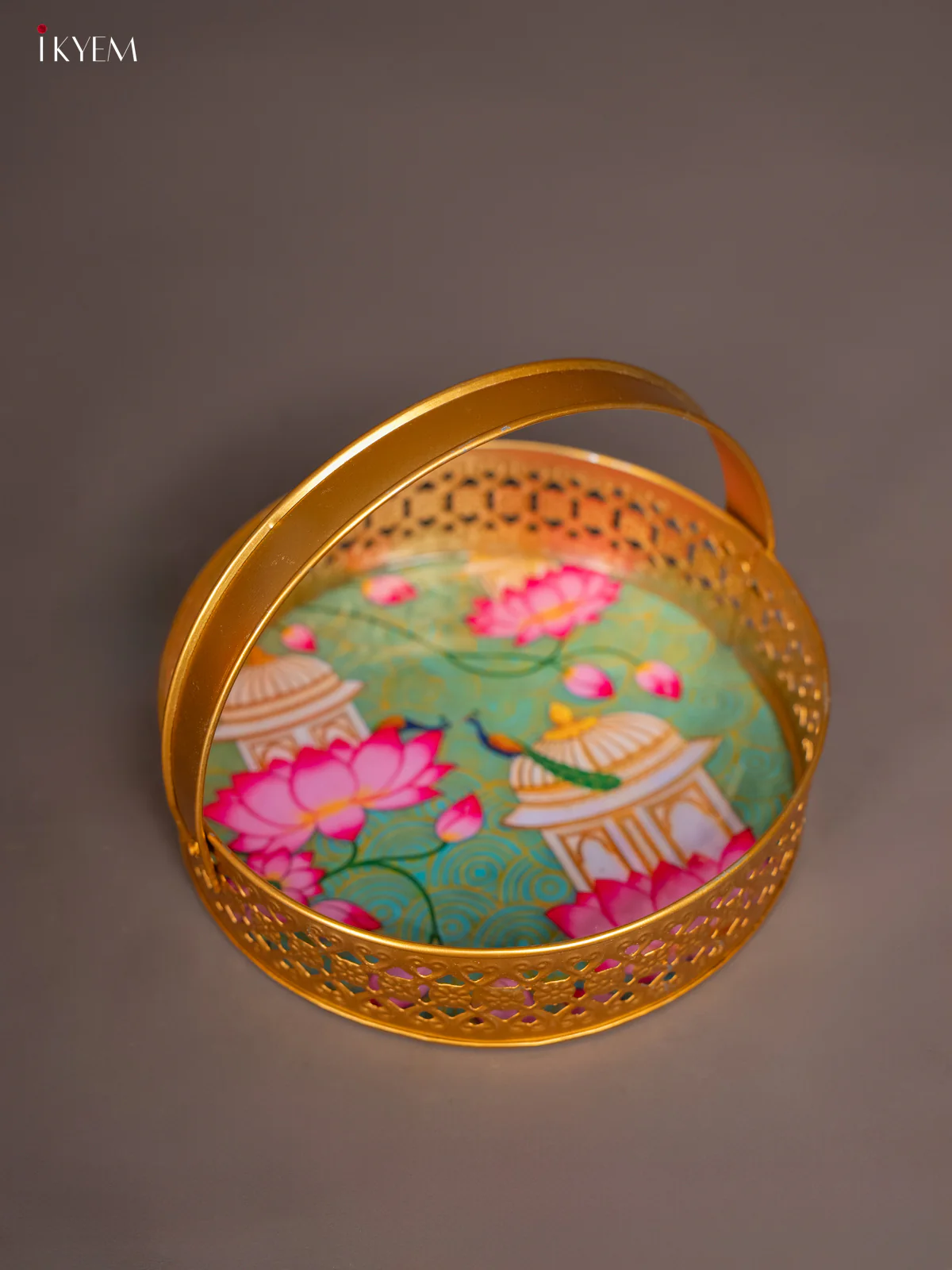 Palace & Peacock Printed Round Metal tray with handle - Teal 8 Inches - KI07178 - Image 4